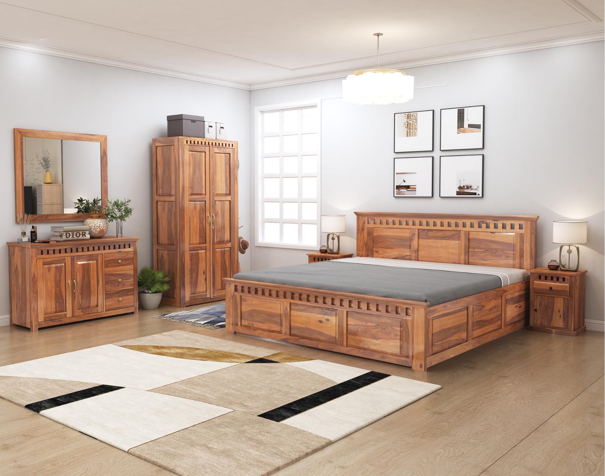 SONA ART & CRAFTS Solid Sheesham Wood Bedroom Set | King Size Bed with Box Storage, Wardrobe, Chest of Drawer & Two Bedside Tables - Natural Finish (Assembly Included)-image-24
