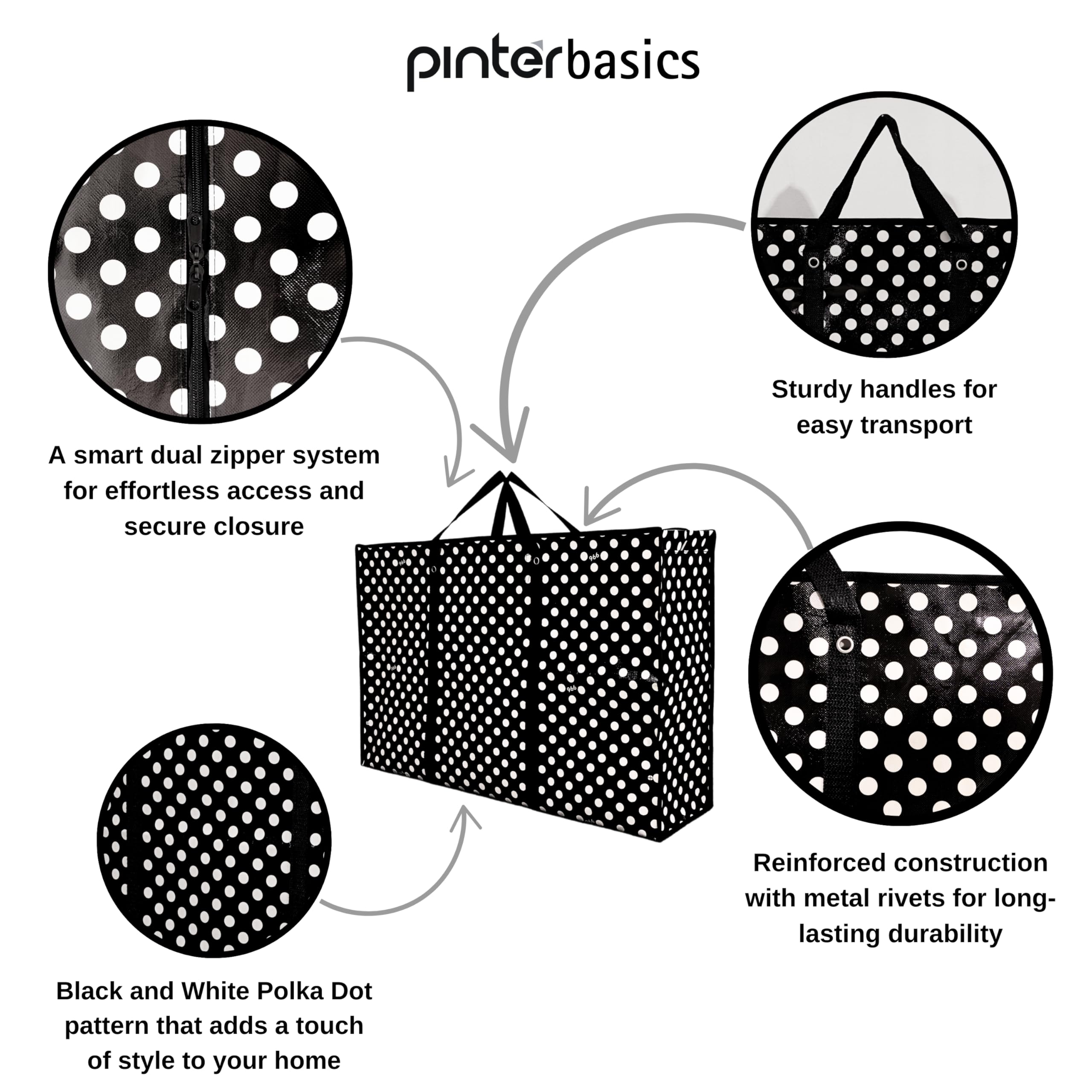5er Pack Wäschesack Reißverschluss Einkaufstasche Aufbewahrungstasche Extra Große Einkaufstasche Polka Dot Taschen | Langlebig, Sehr Stabil Robust | Größen S-XXL | Strapazierfähig, Faltbar,