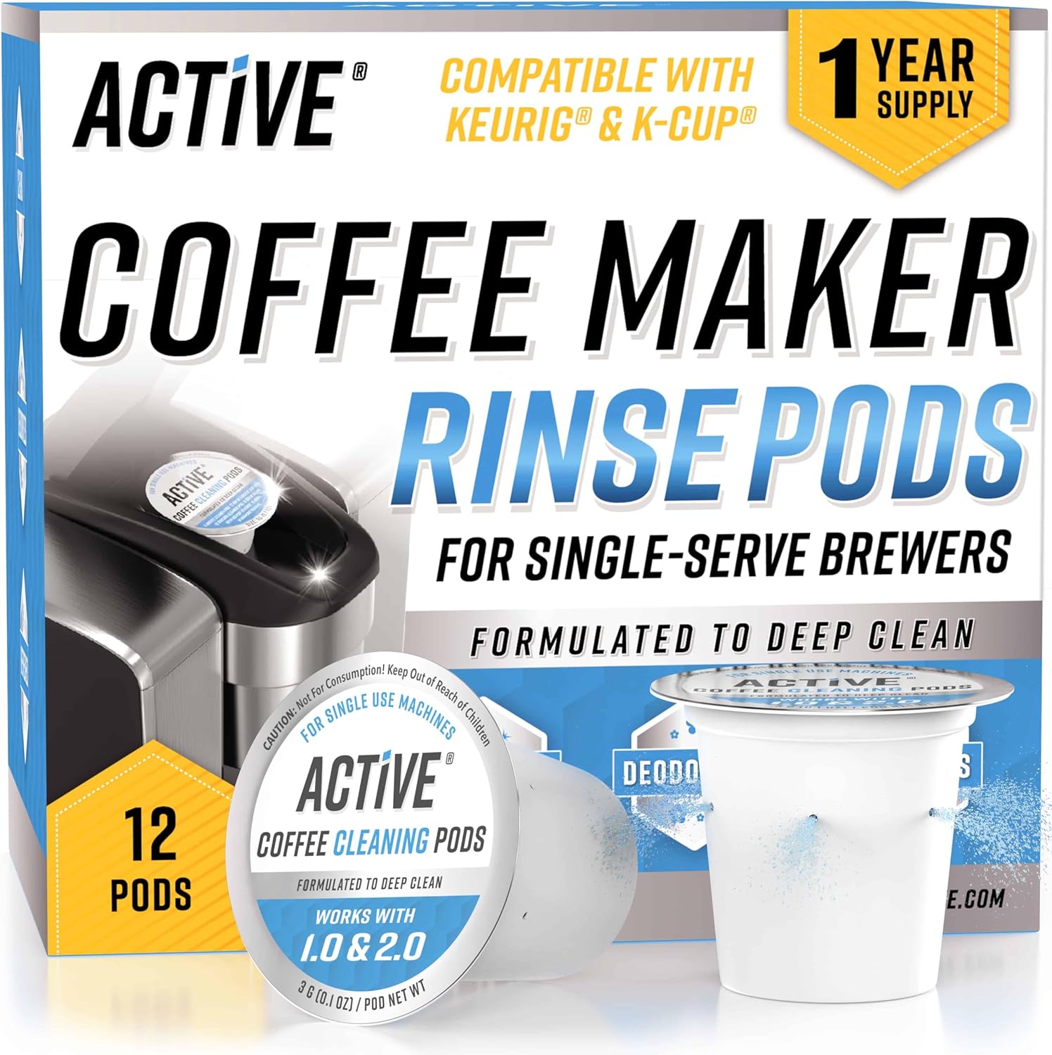 ACTIVE K-Cup Compatible Keurig Cleaning Pods – Quick-Rinse Cleaners for Single Serve Coffee Machine, 12 Month Coffee Maker Cleaner Kit, Brewer Clean Cups for Keurig 1.0, 2.0, Mini Machines – 12 Pack