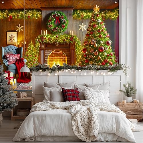 Miniatura 3 de Cartel de Navidad de 8 x 6 pies para chimenea, fondo de árbol de vacaciones con cajas de regalo, guirnalda de luces para interiores y exteriores,