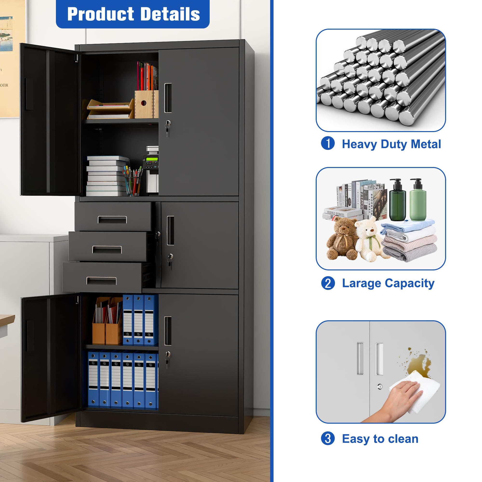 SUPEER Aktenschrank,Metallschrank mit DREI SchubladenLagerschränke,Stahlblech Pulverbeschichtung,Stahlschrank für Werkzeuge, Büro,180 x 80 x 40 cm（schwarz）