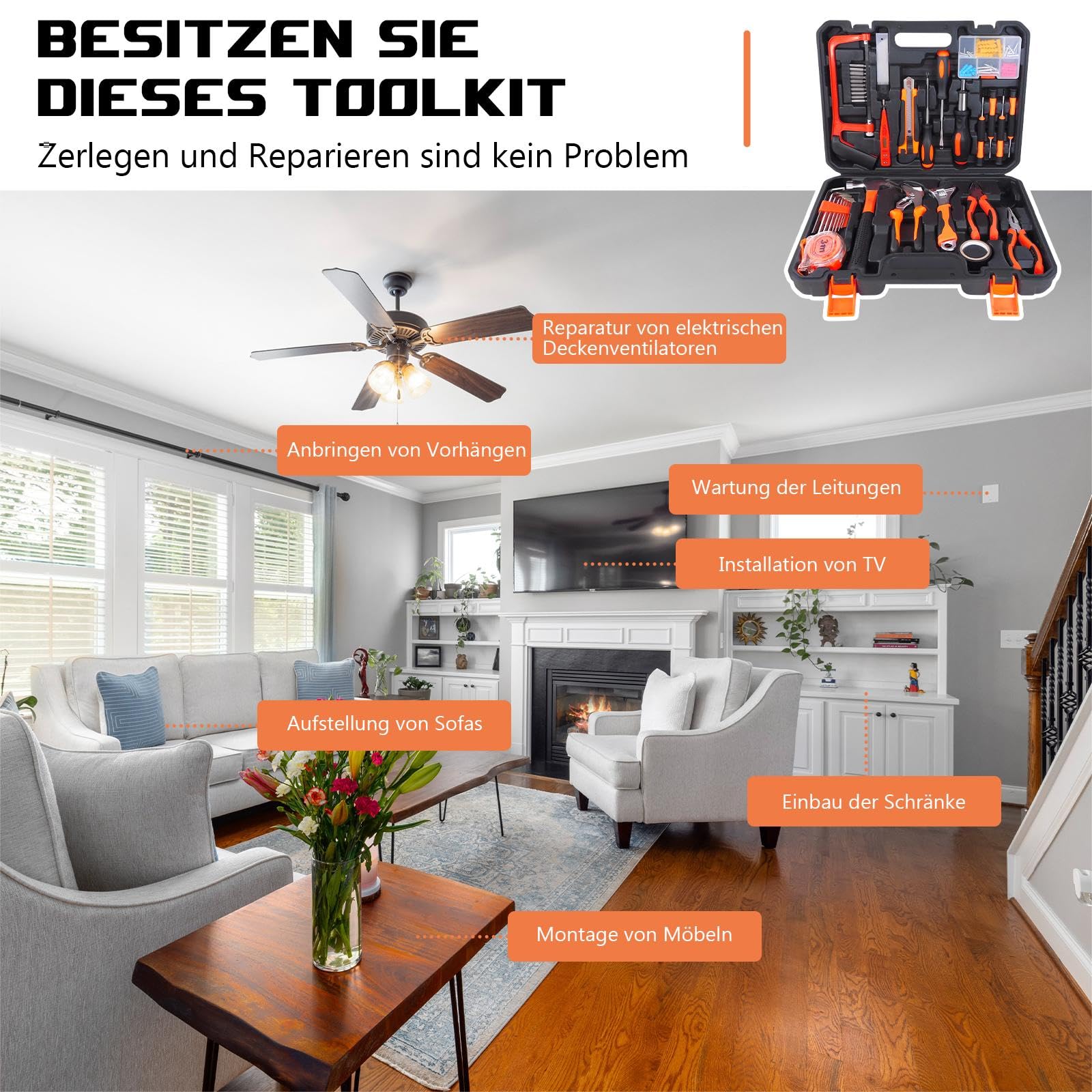 Set di attrezzi manuali, 102 pezzi/set, set di attrezzi portatile per la casa, set di attrezzi manuale con valigetta in plastica, adatto per la manutenzione del garage e lavori di bricolage
