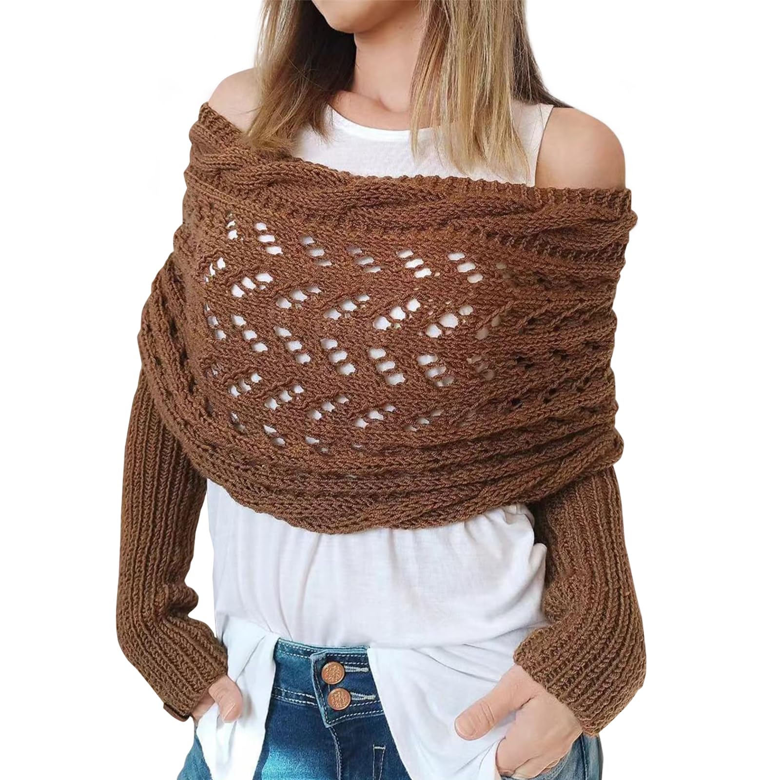 Scarf with Sleeves for Women, Knitted Cable Wrap, Multifunctional Knitted Crochet Shrugs, Double Sleeve Scarf Wrap