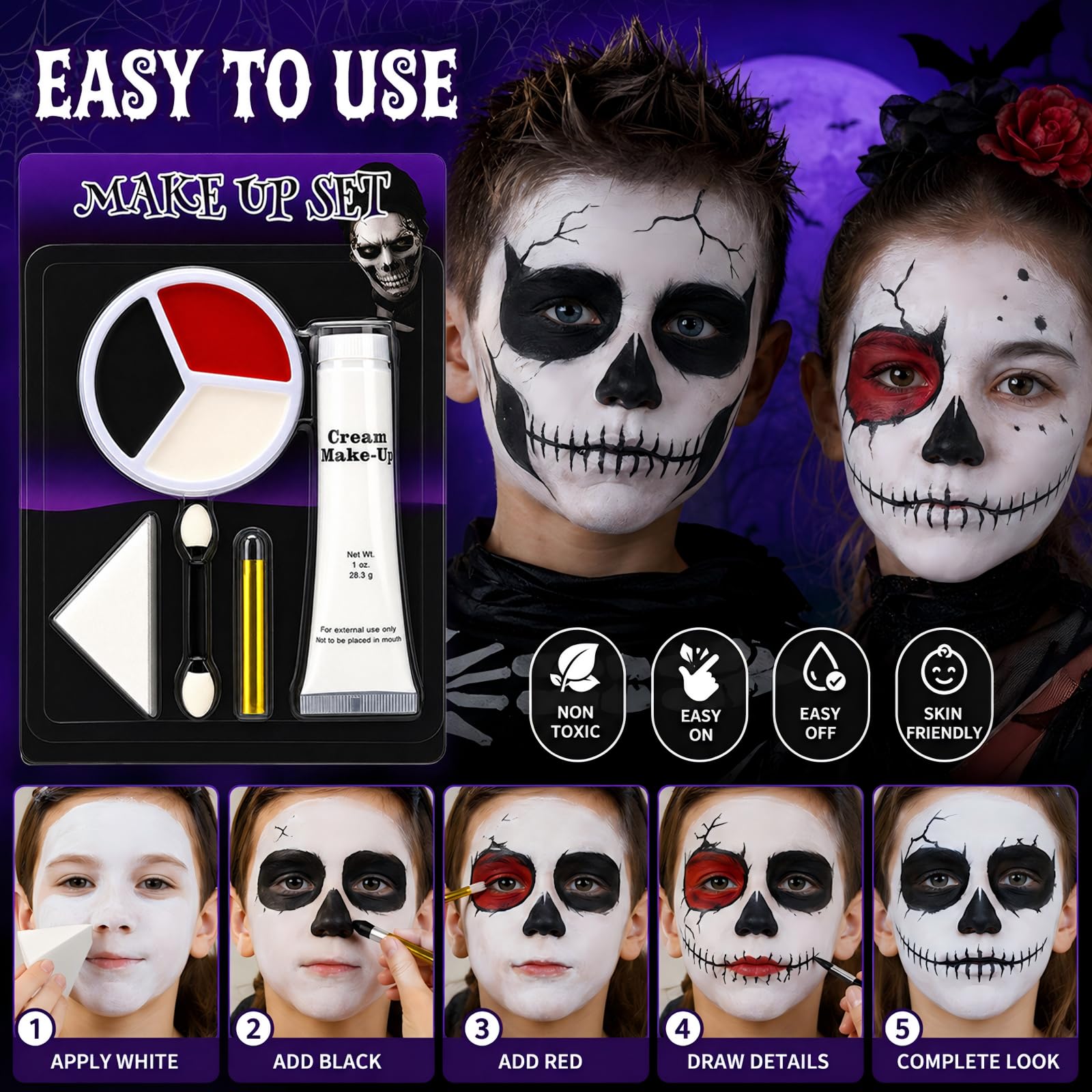 Halloweenowa biała farba do twarzy, SFX, zestaw do makijażu, biało-czarno-czerwona farba do twarzy, zestawy do makijażu na Halloween, do twarzy i ciała, Cosplay, SFX, zestaw do makijażu na Halloween