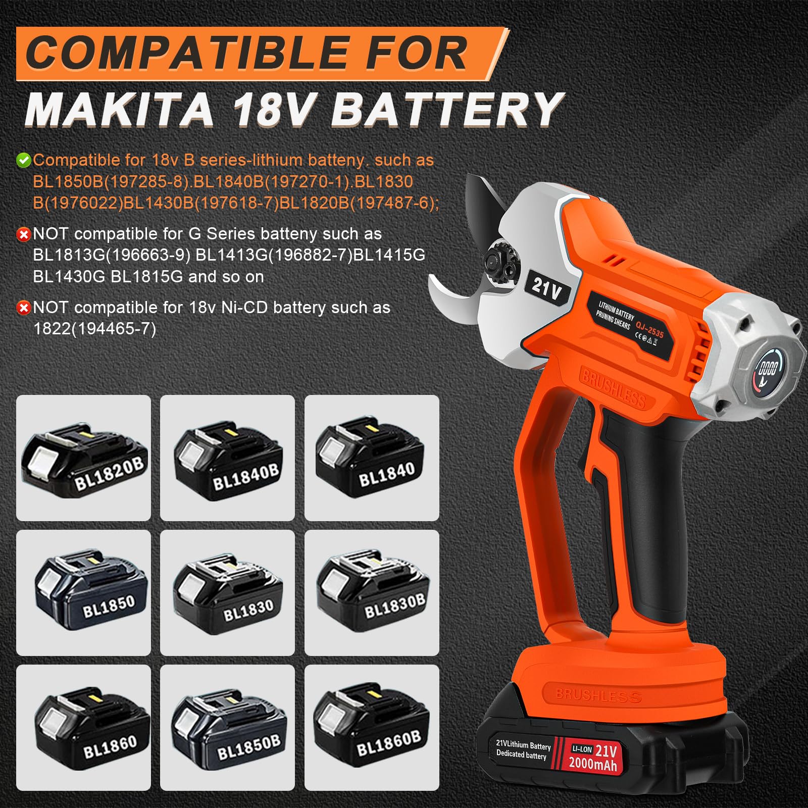 Tijeras de podar con batería con 2 baterías de 2,0 Ah, 21 V, profesional, sin escobillas, sierra de podar con 35 mm de diámetro de corte y pantalla LCD, para podar eficientemente