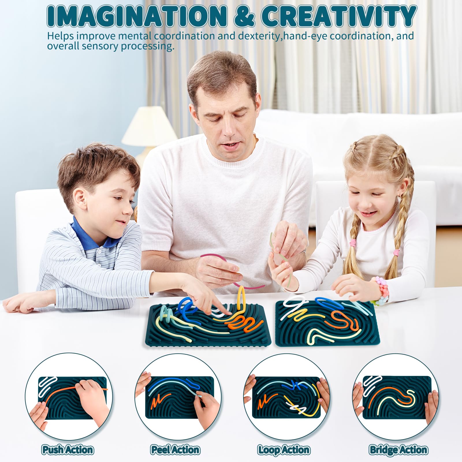 Sensory Activity Board, AWANKOU Silicone Fidget Toy for Stress Relief, Anxiety, ADHD & Calming Autism Sensory Products | Double-Sided | Silent, No Mess | Includes 12 Strings | Kids 3+ & Adults 4