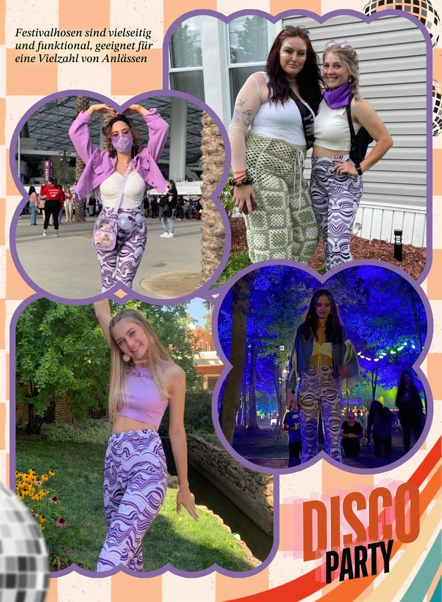 EVELUST Festival Flare Hosen Für Damen - 70er Jahre Outfit Hippie Kleidung Flower High Waist Breite Bein Flair Leggings Rave Disco Kostüm Palazzo Schlaghose Sommer Bell Bottom