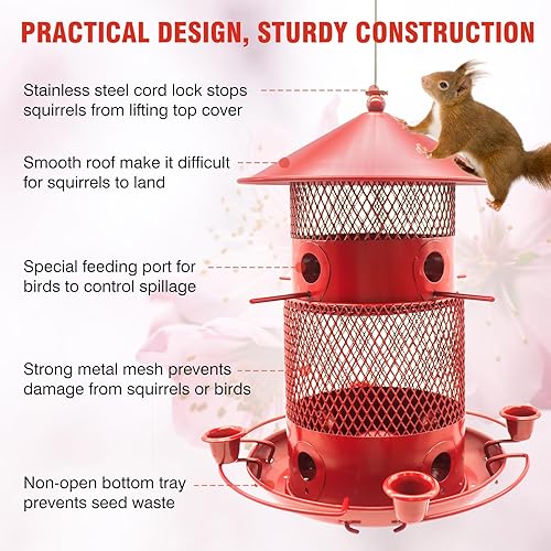 Miniatura 3 de Comedero para pájaros a prueba de ardillas, comedero de metal para colgar al aire libre, capacidad de 4 libras, 8 puertos de alimentación, comedero