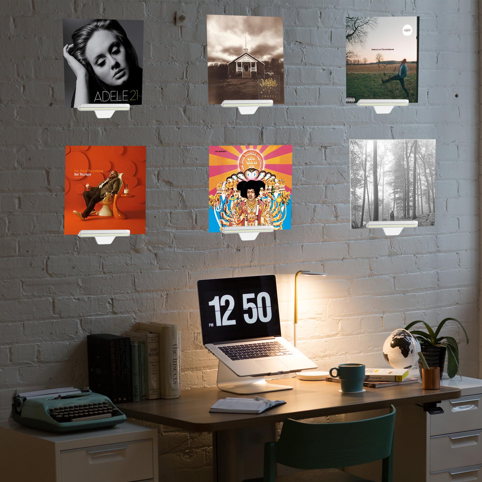 TERDEWE Paquete de 10 estantes de vinilo transparente de 4 pulgadas, soporte de pared para discos de vinilo con tira fluorescente, soporte transparente para álbum de vinilo, DVD, fotos, maquillaje,