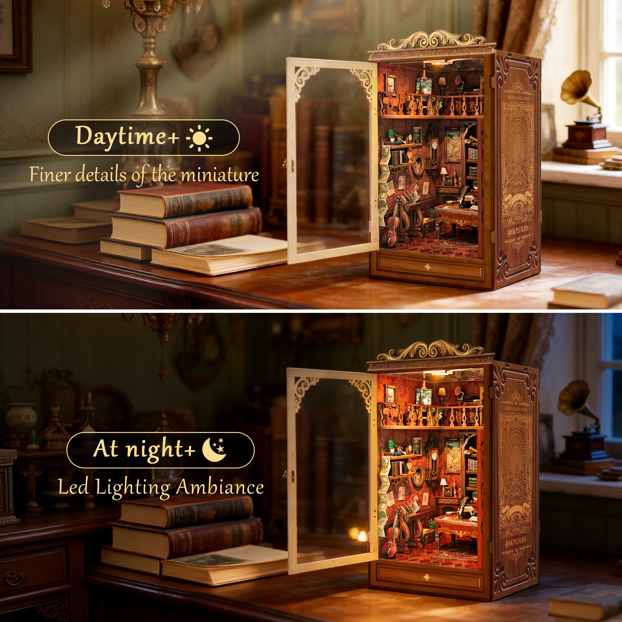 Book Nook Kit per Adulti - puzle 3D in Legno Biblioteca Magica Inserto per librena Decorativo con protezione Antipolvere e luce lED - Kit Casa Miniatura fai da Te per Adulti - Regalo Creativo per Am - 4