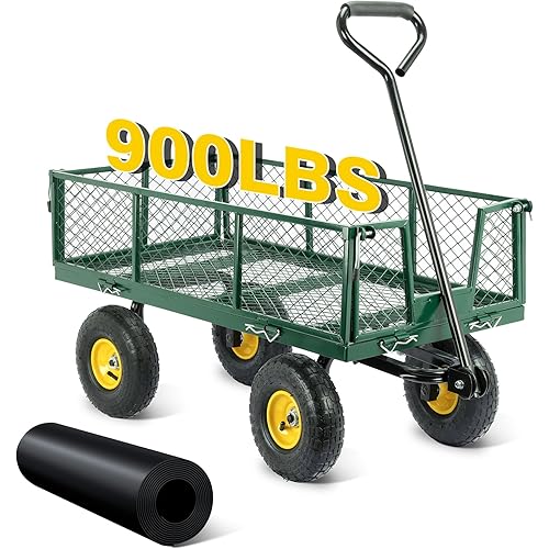 900Lbs Capacity Garden Cart, Steel Garden Wagon Cart Heavy Duty with Removable Sides, Flexible Handle Yard Wagon, Green