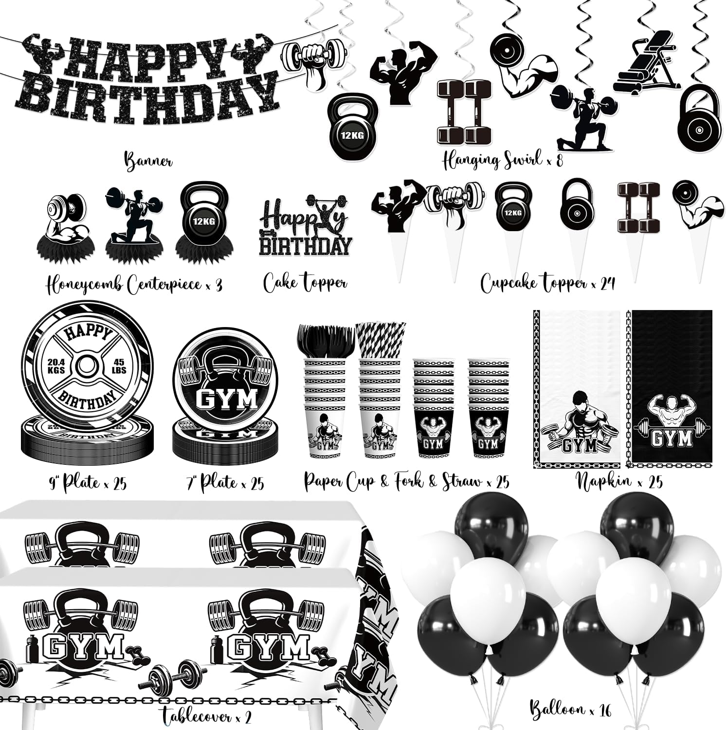 Gym Birthday Decorations for 25 Guests, 205PCS All-in-One Black & White Fitness Party Supplies with Banner, Paper Plates, and Tablecloth, Easy Setup Workout & Weightlifting Themed Party Decor