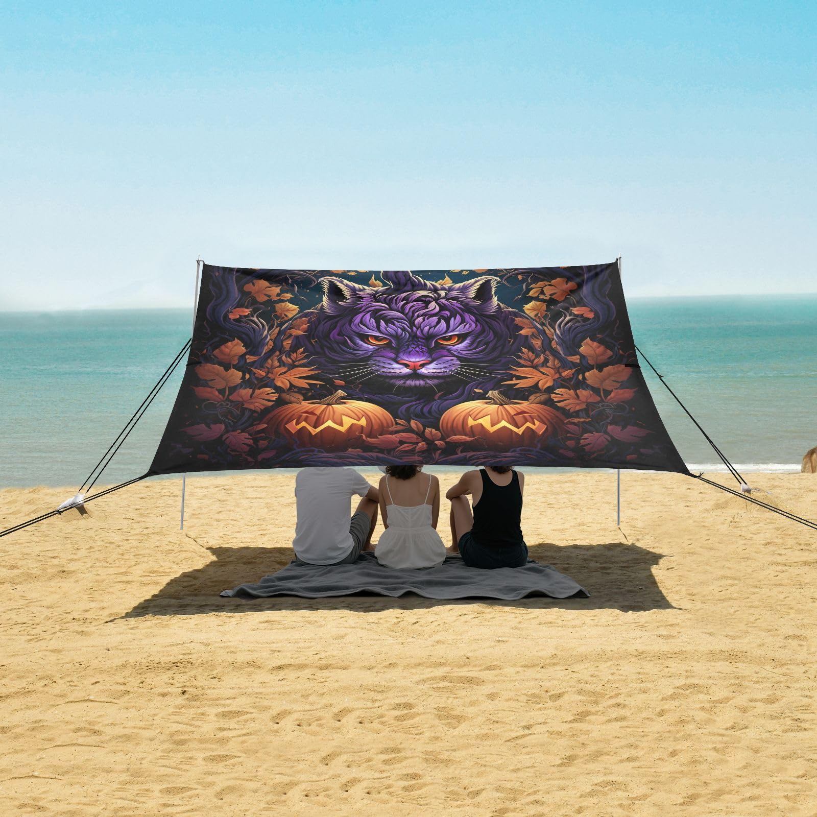 Dunkle Katze Halloween Strandzelt Sonnenschutz Camping-Vordach,Einfach Aufzubauen,Tragbar mit Sandsäcken für Angeln und Picknick im Freien