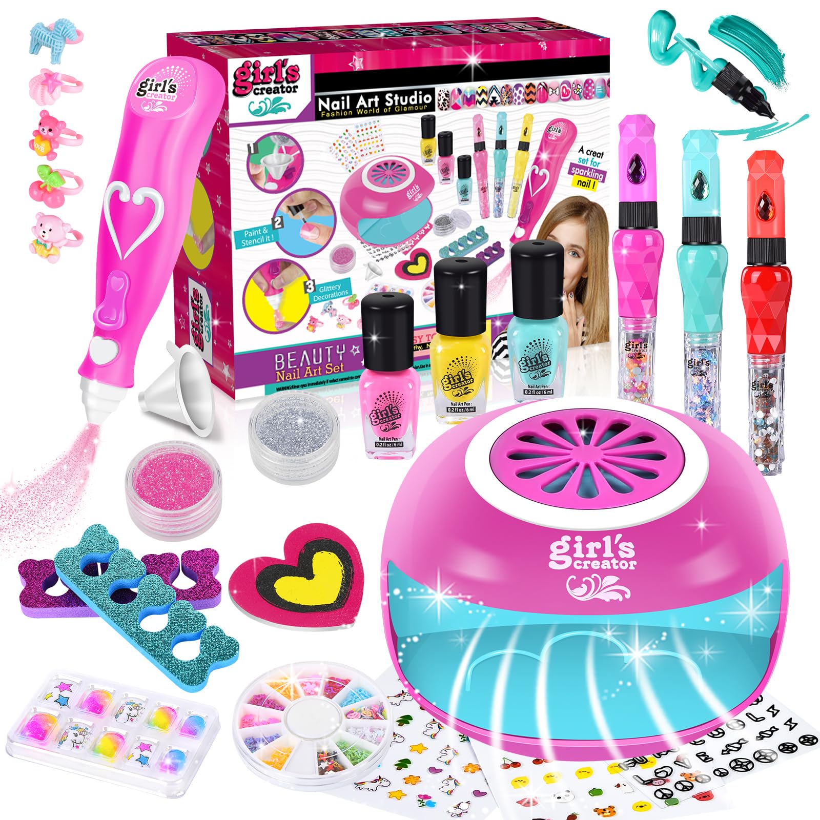 Herenear Set Unghie Kit per Bambini con Asciuga, Smalti e Gioco Regalo per Ragazza 5-9 Anni