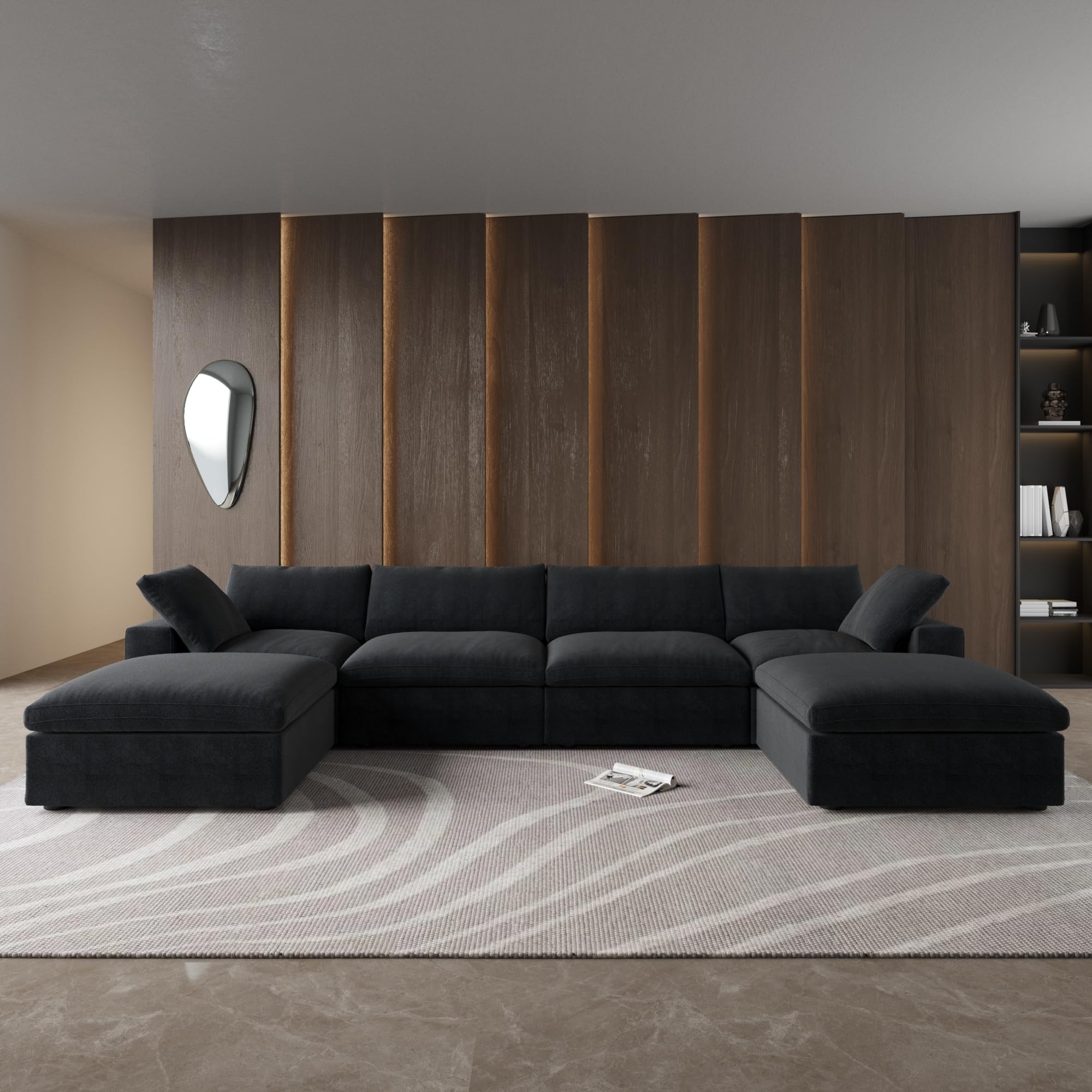 WJShome Cloud Modular Sectional Sofa with 2 Storage Ottomans,160.6" Down Filled U Shaped Sofa Couch for Living Room,6 Seater Minimalist Wide Deep Seat Convertible Couches for Office Apartment,Black