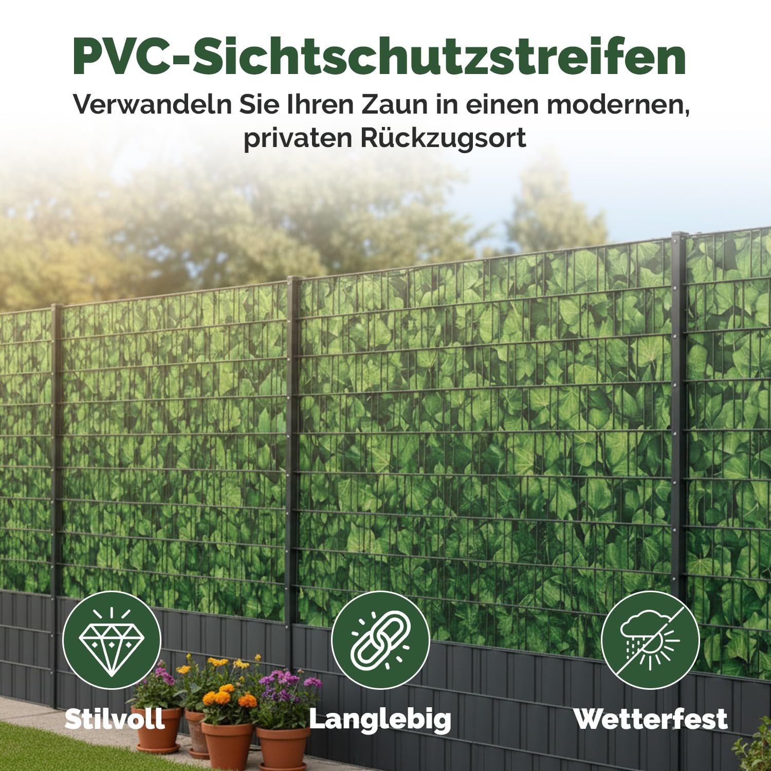 Electronicx PVC Sichtschutzstreifen für Gartenzaun - Efeu, 70m (2 x 35m) x 19cm, Hochwertige 450g/m² UV-beständige Sichtschutzmatten, Außenbereich Sichtschutz mit 40 Clips