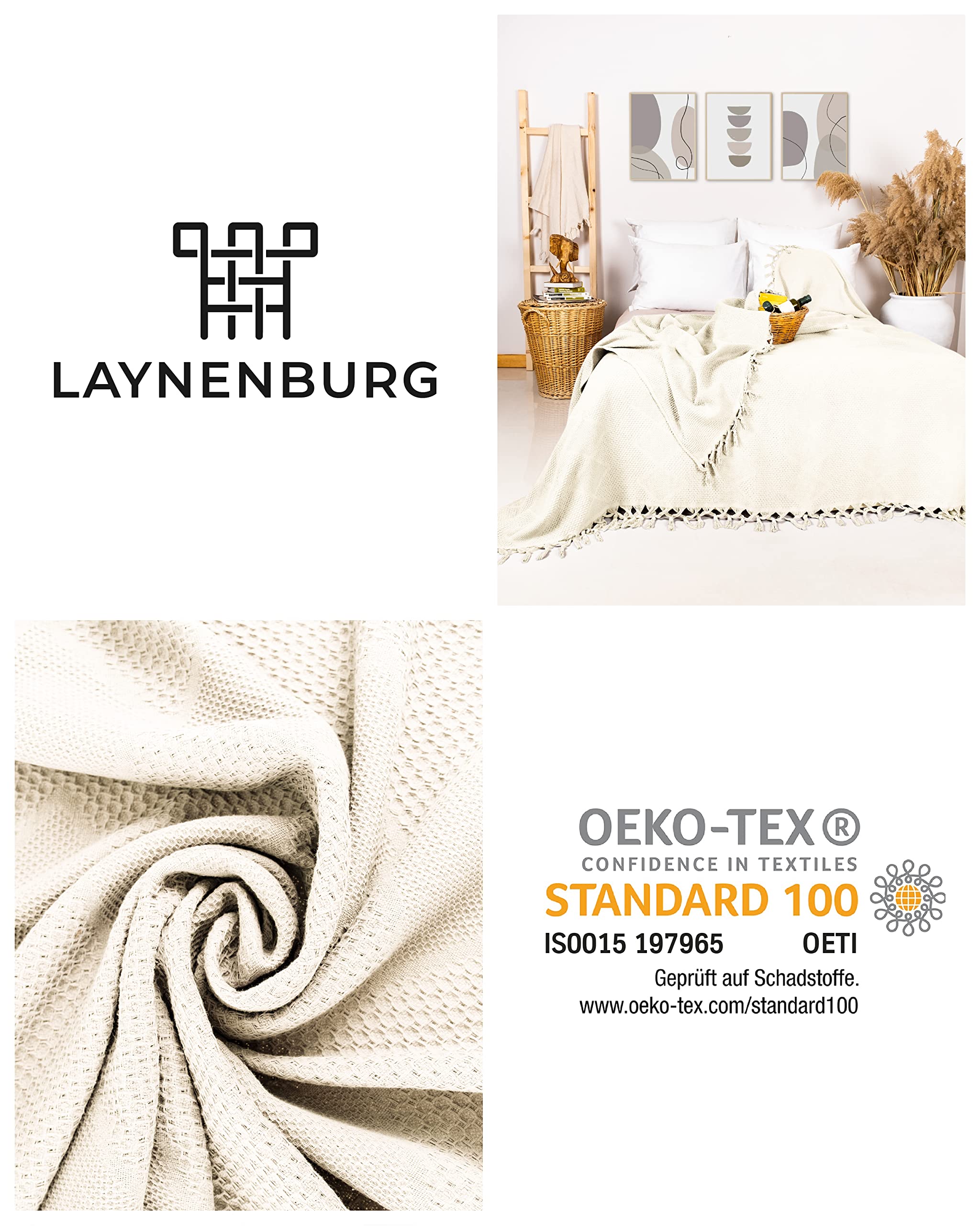 LAYNENBURG Premium Tagesdecke mit handgeknüpften Fransen - 100% Baumwolle - 180 x 220 cm - Waffelpique Sommerdecke - Baumwolldecke als Bett-Überwurf, Couch-Überwurf & Sofa-Decke (Naturell)