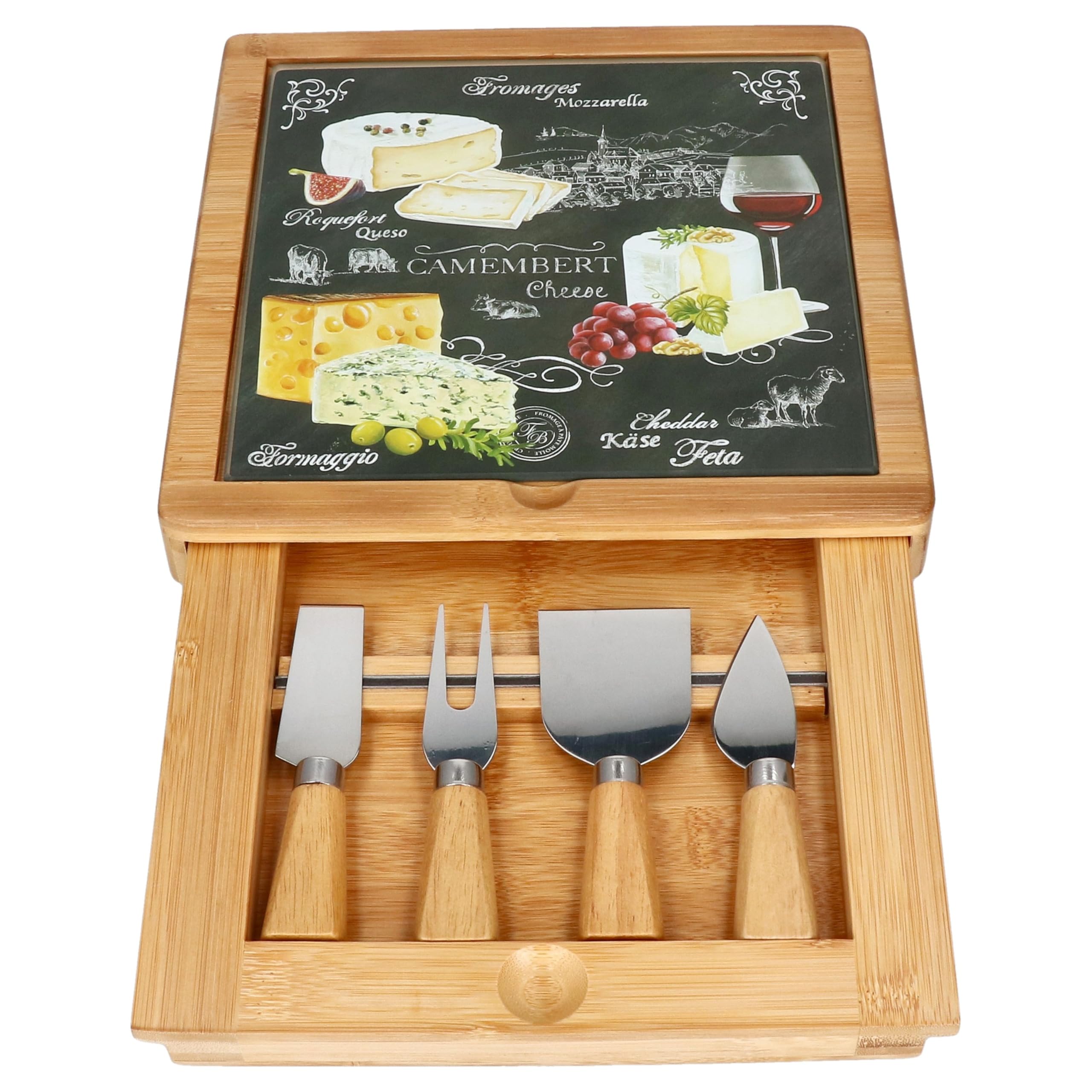 MamboCat World of Cheese Käseplatten Set I dekoriertes Käseschneidebrett aus Bambus-Holz & Glas mit Schublade & 4 Käsemessern I Servierplatte, Geschenkidee