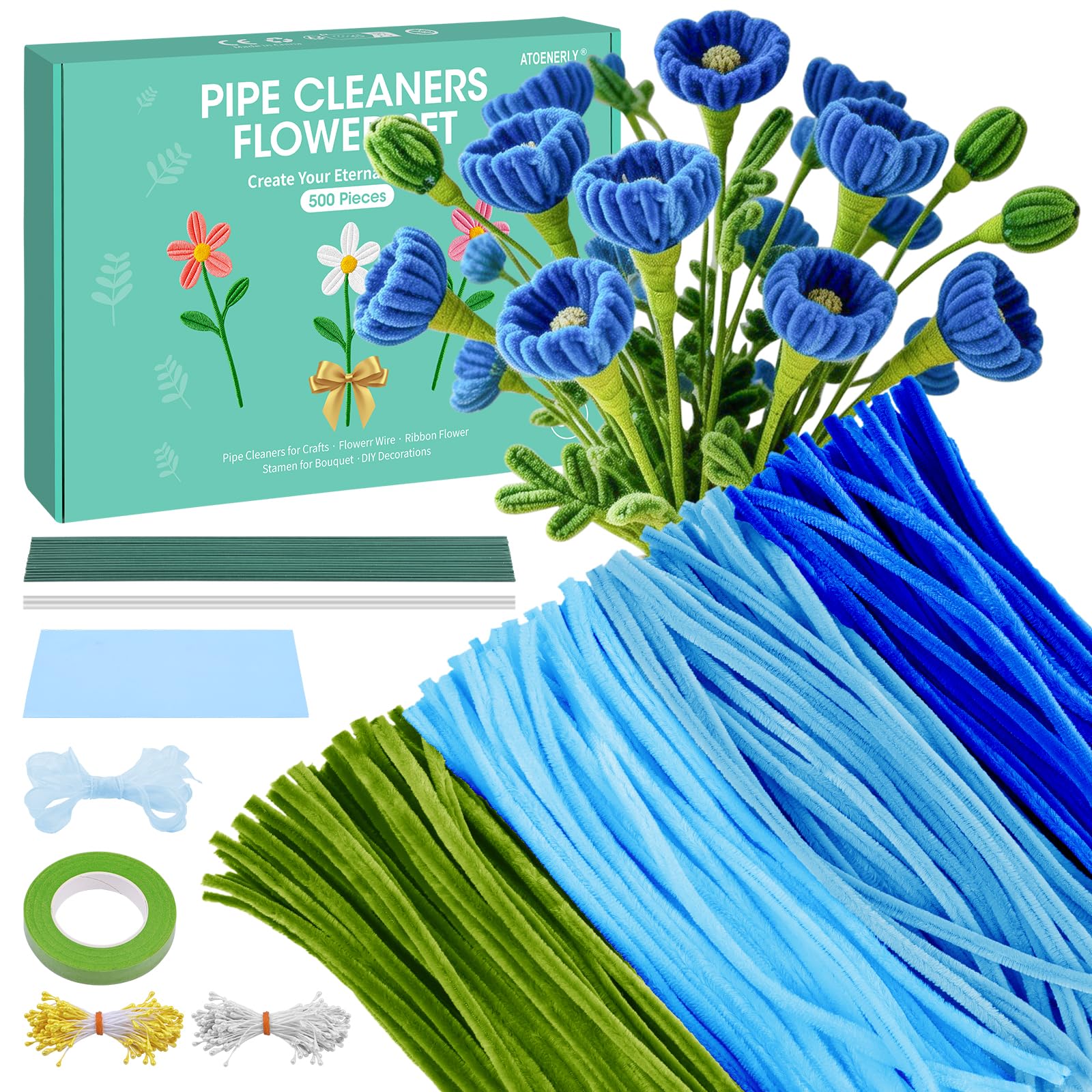 Pfeifenreiniger Blumen Set, 500 Stück Pfeifenputzer zum Basteln Pfeifenreiniger zum Basteln mit Schleifenband, Klebeband, Staubblätter, Blumendraht, Blumenpapier, Anleitung zum Blumenbasteln, Rosa