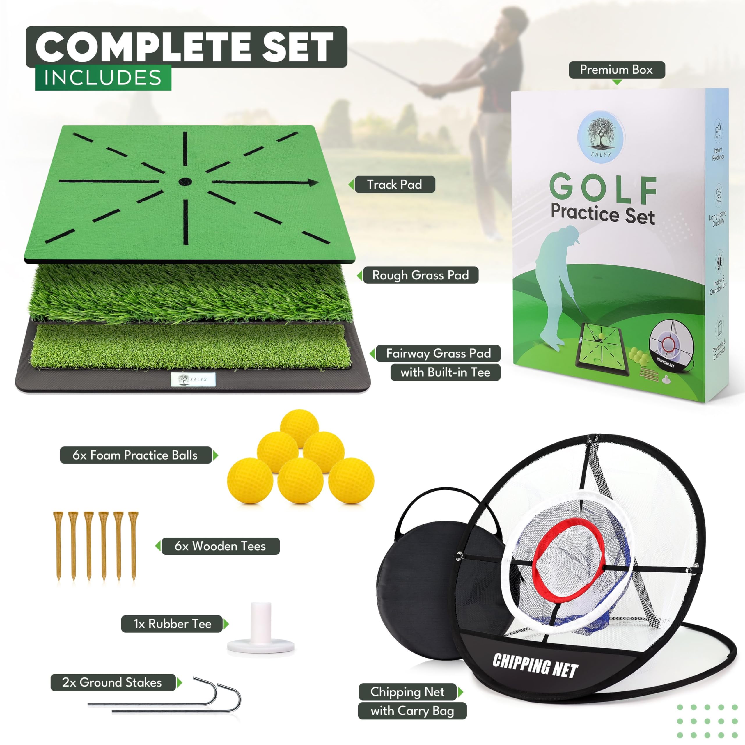 Juego de alfombrillas de práctica de golf con pista de terciopelo, superficies de césped, bolas de espuma y tees para uso en interiores o exteriores