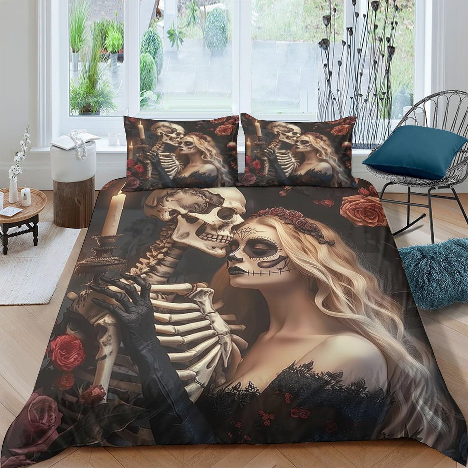 Ctjqhvkz Style-3 3D Printed Gothic Skeleton Rose Fitted Sheet Microfiber Black Romantic Skull Mattress Cover Bedroom Decor Single（135X200cm）