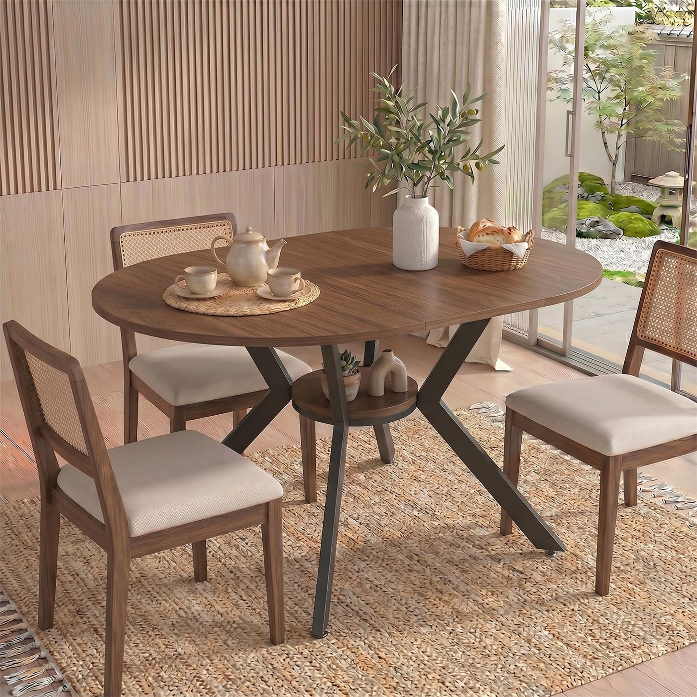 Mesa de comedor redonda extensible, 100 – 140 cm, redonda, mesa de cocina de madera, mesa de comedor ovalada con función telescópica, mesa de salón extensible con estantes abiertos para