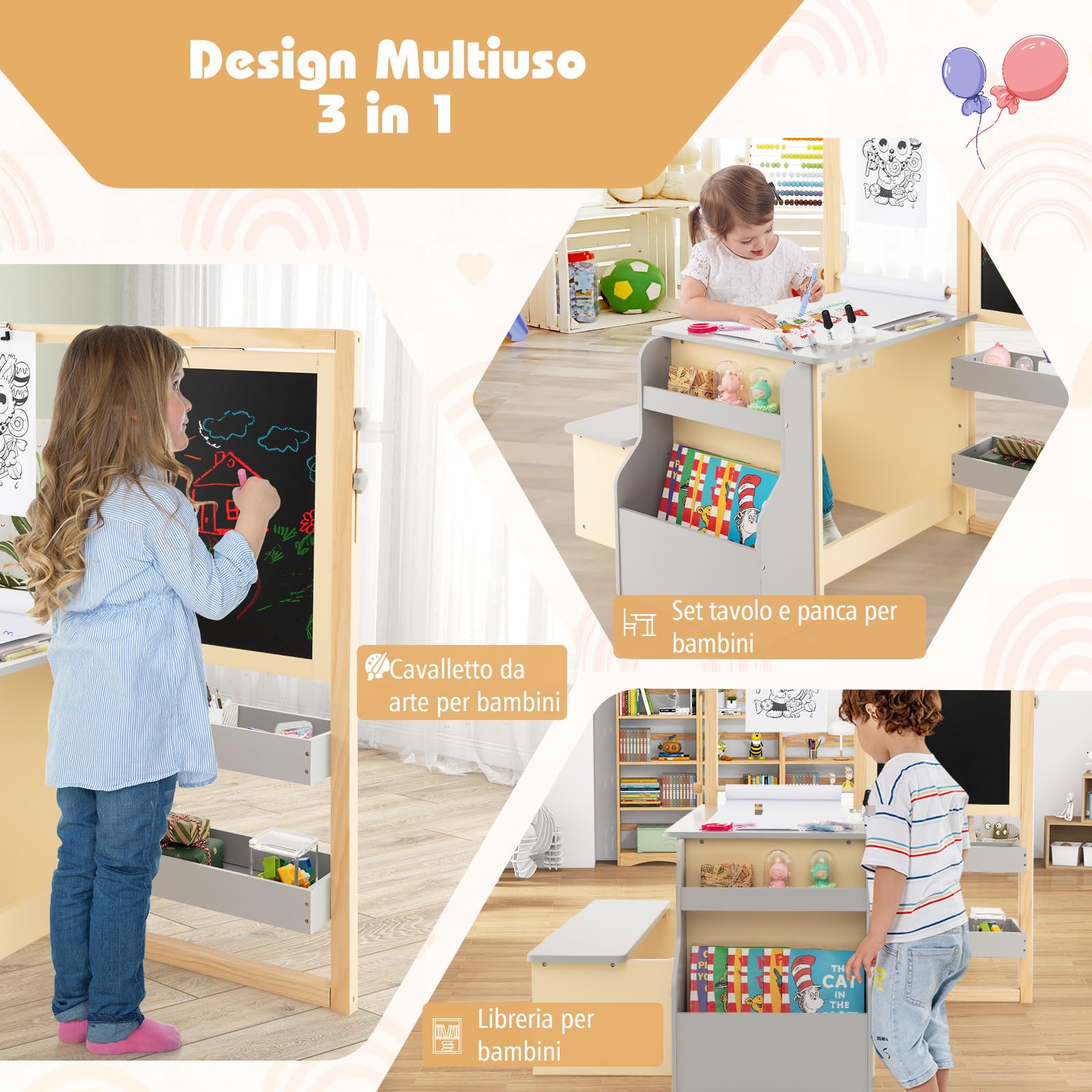 RELAX4LIFE Set Tavolo con Sedie 3 in 1, Cavalletto Regolabile/Scaffale/Scrivania/Lavagna Bianca/Lavagna Nera/Libreria con Tazze,Pennarelli,Gomma, Gessetti,114x81x100 cm (GRIGIO)