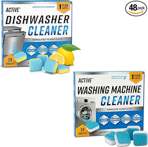 ACTIVE Washing Machine And Dishwasher Cleaning Tablets Bundle - Includes 12 Month Supply Dishwasher Cleaner Deodorizer & Washing Machine Descaler Deep Cleaning Tablets - 48 Tablet Combo