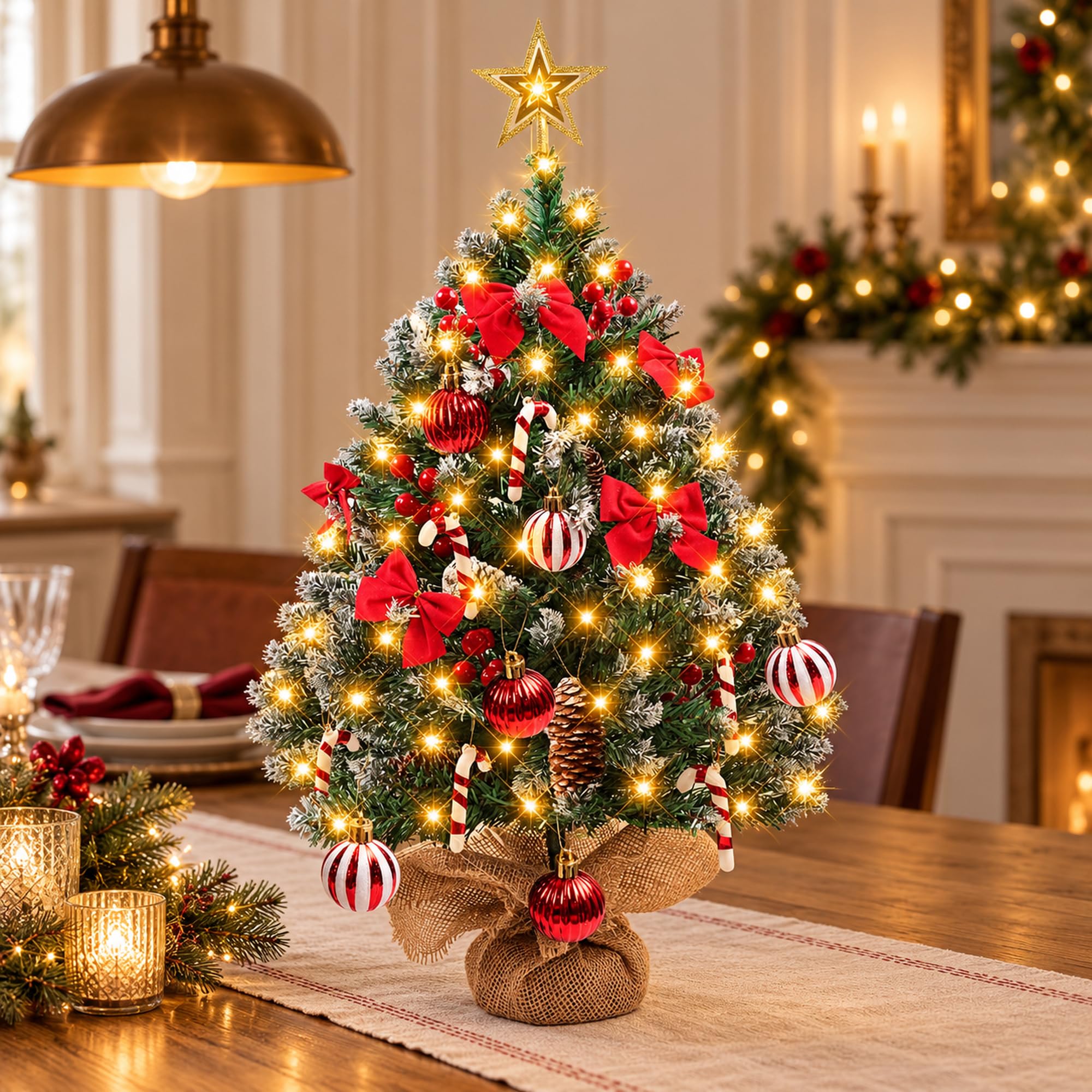 MaxEarn 2ft Mini Christmas Tree with Lights, 60cm Small Snow-Flocked Artificial Christmas Tree with Bow, Balls, Lollipop, Red Berries, Desktop Green Xmas Tree for Home Dining Table Decoration