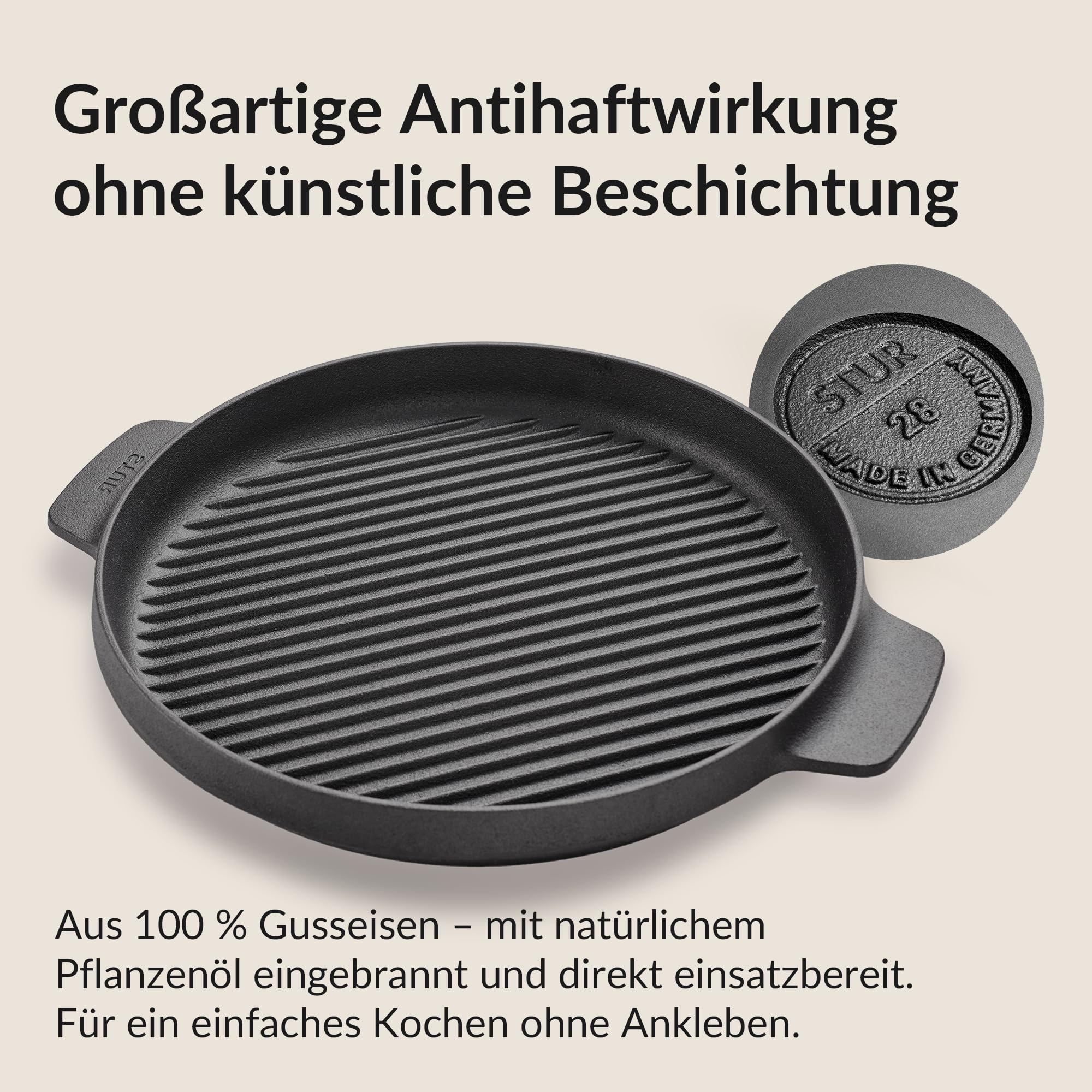 STUR - ORIGINAL Gusseisen Grillpfanne Induktion 28cm - Cast Iron Pan für alle Herdarten - Runde Grillpfanne Gusseisen ohne künstliche ANTIHAFT-BESCHICHTUNG & kratzfest - Made in Germany