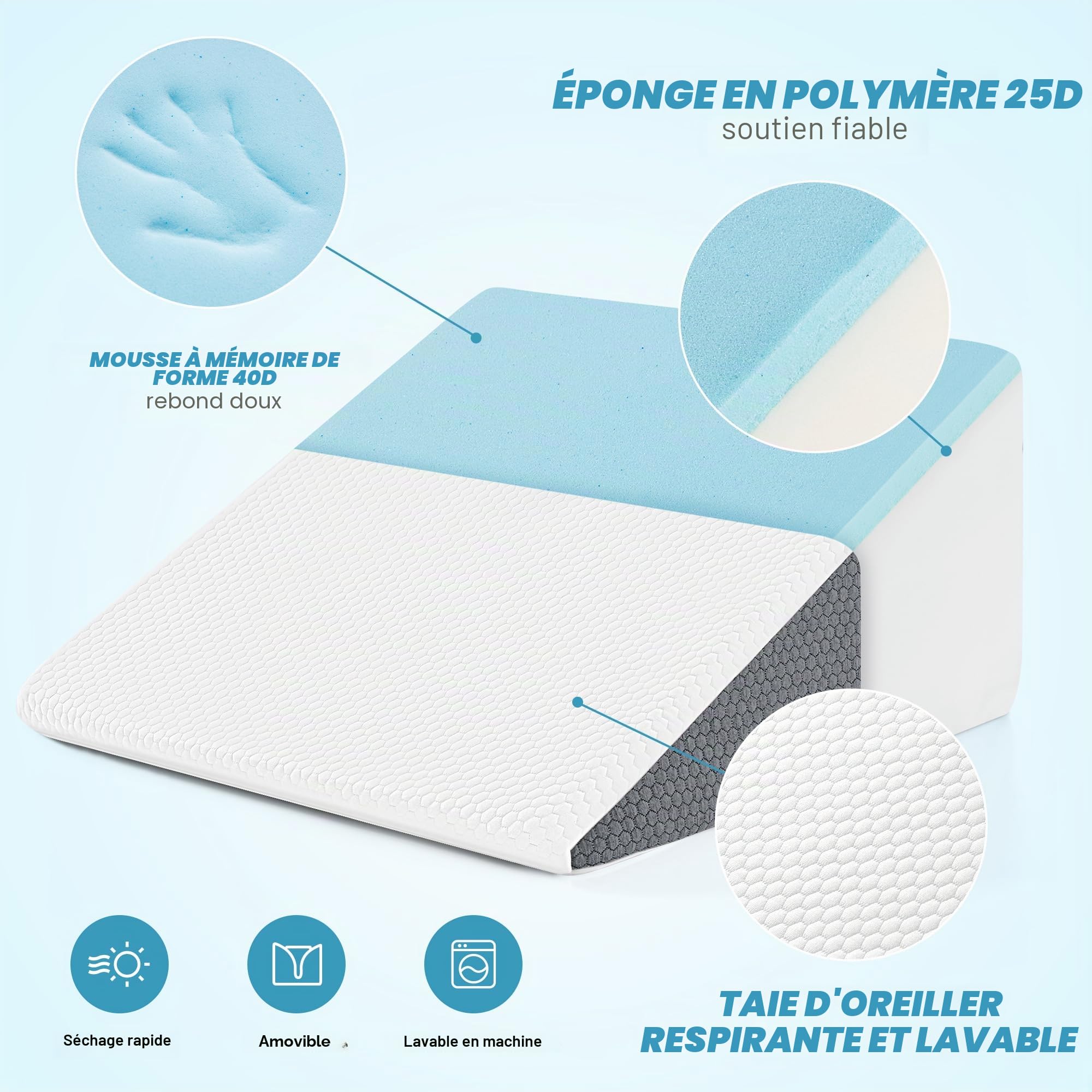 Oreiller de mâchoire pour dormir - Lit de 30,5 cm avec couvre-chef - Oreiller triangulaire - Reflux d'acide à mémoire de forme - RGO - Ronflement - Douleurs dorsales après la chirurgie - Soulèvement