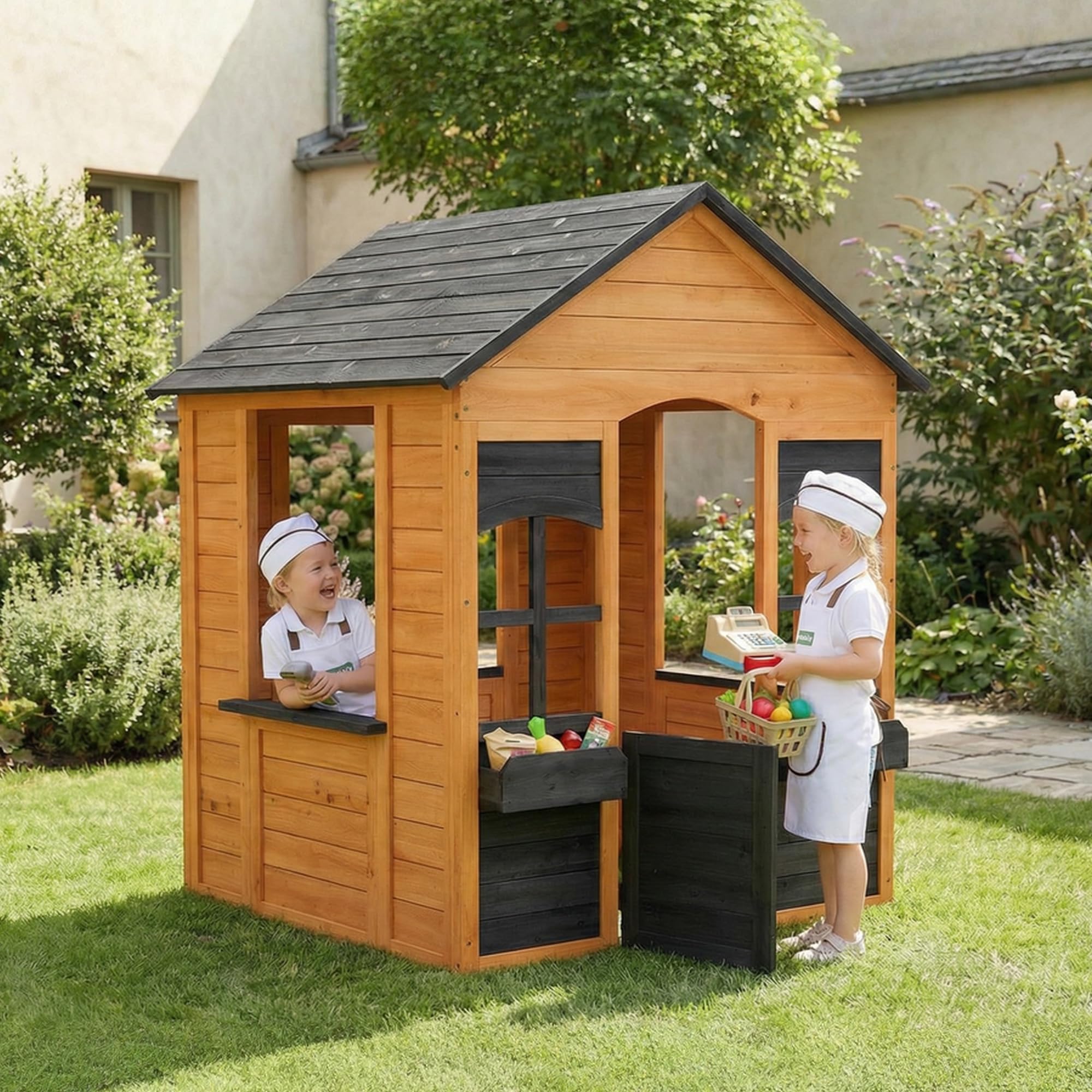 AIYAPLAY Casetta da Giardino per Bambini 3-8 Anni con Tetto, Marrone Chiaro | Legno di Abete, Esterno Interno, Mezza Porta, Finestre, Portavasi, 110.6x106.6x138 cm