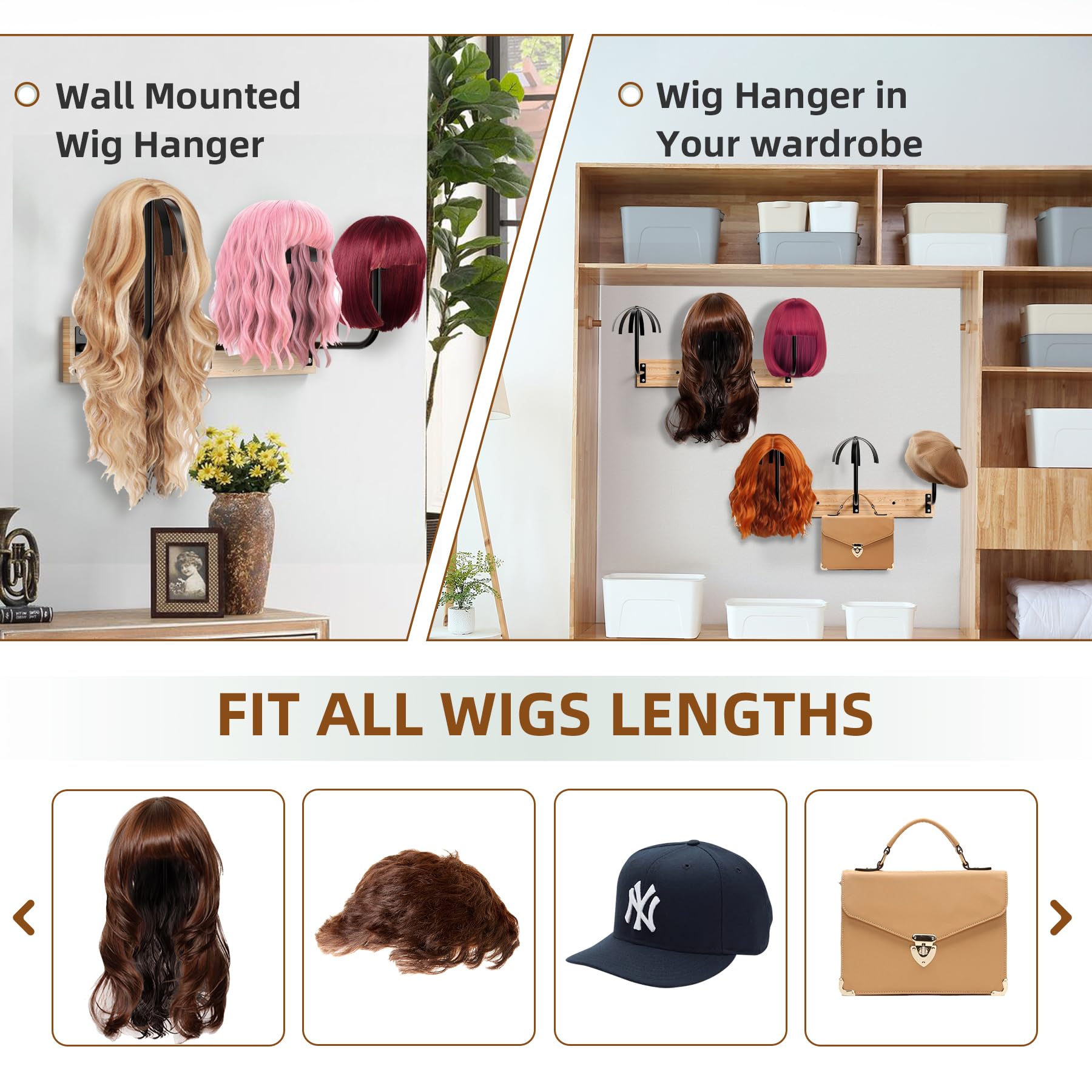 Wig Holder for Multiple Wigs, Wall-Mounted 6-Wig Storage Organizer