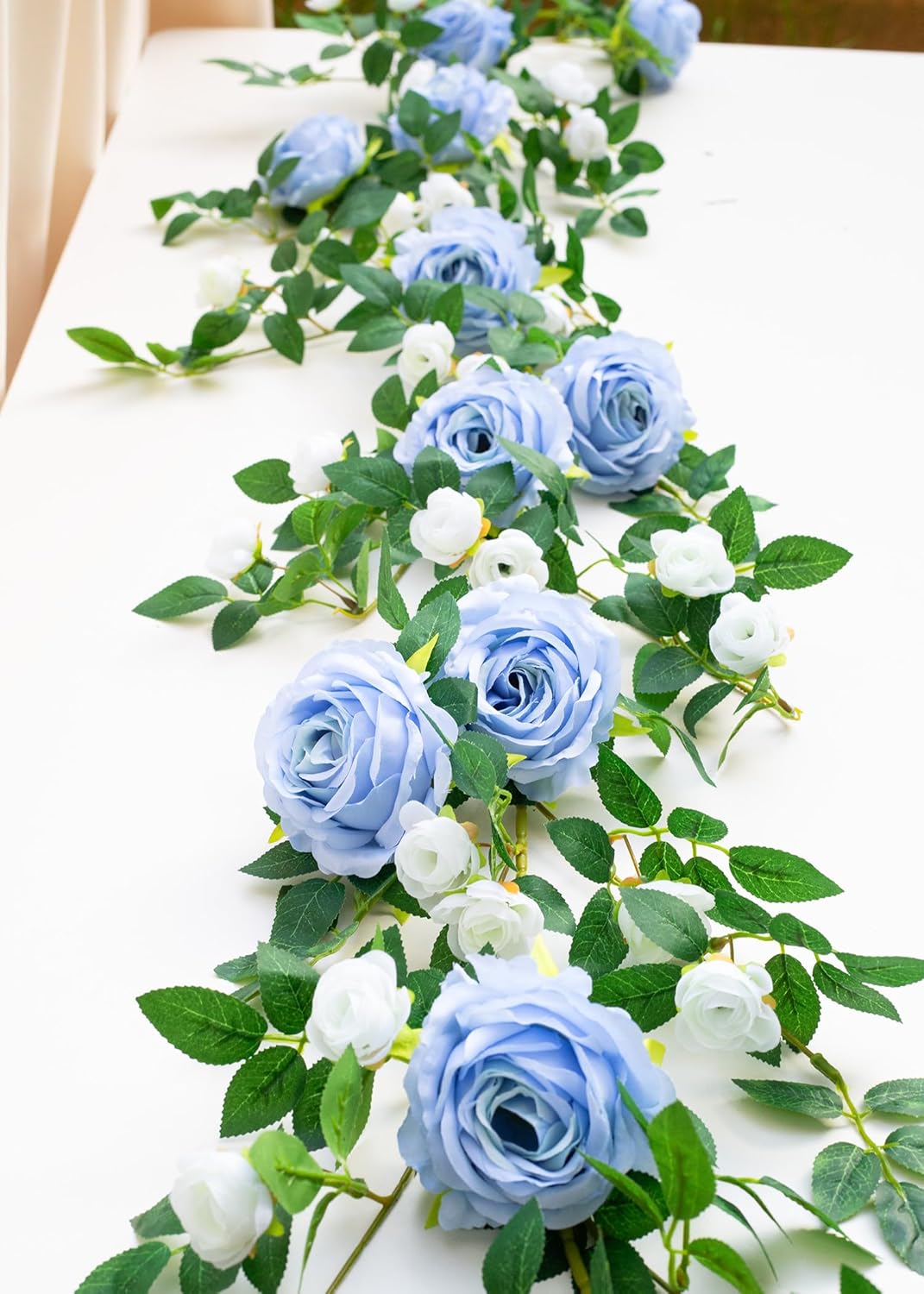 2 PCS 12FT Bendable Flower Garland, Artificial Rose Vine Hanging Floral Garland Decoration for Weding Home Room Wall Decor (Blue, 2pcs)