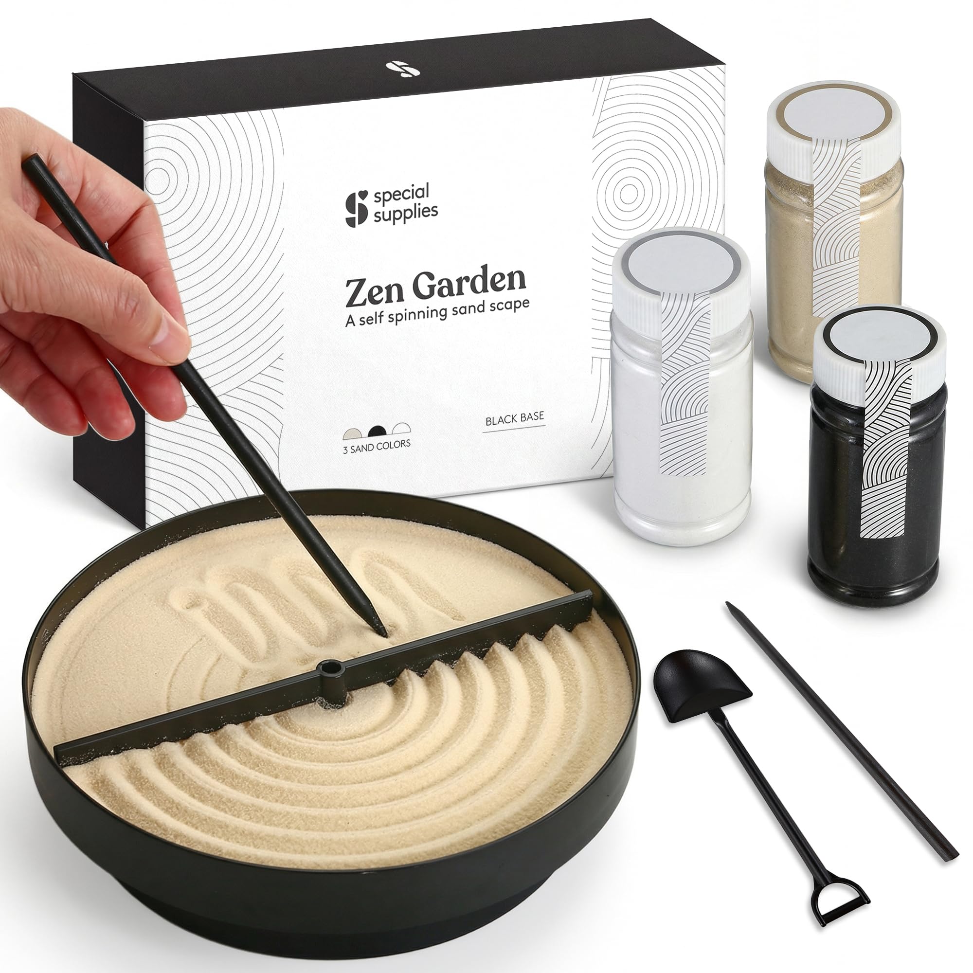 Special Supplies Zen Garden Sand Spinner – Self Spinning Sandscape for Desk, Mindfulness Kit, Stress Relief, Sensory Therapy Tools- Zen Garden Kit- Black