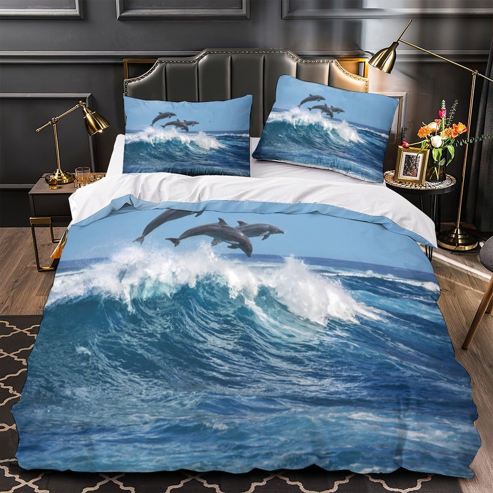 Housse de couette dauphin 3D ultra douce lit 1 personne parure résistante single