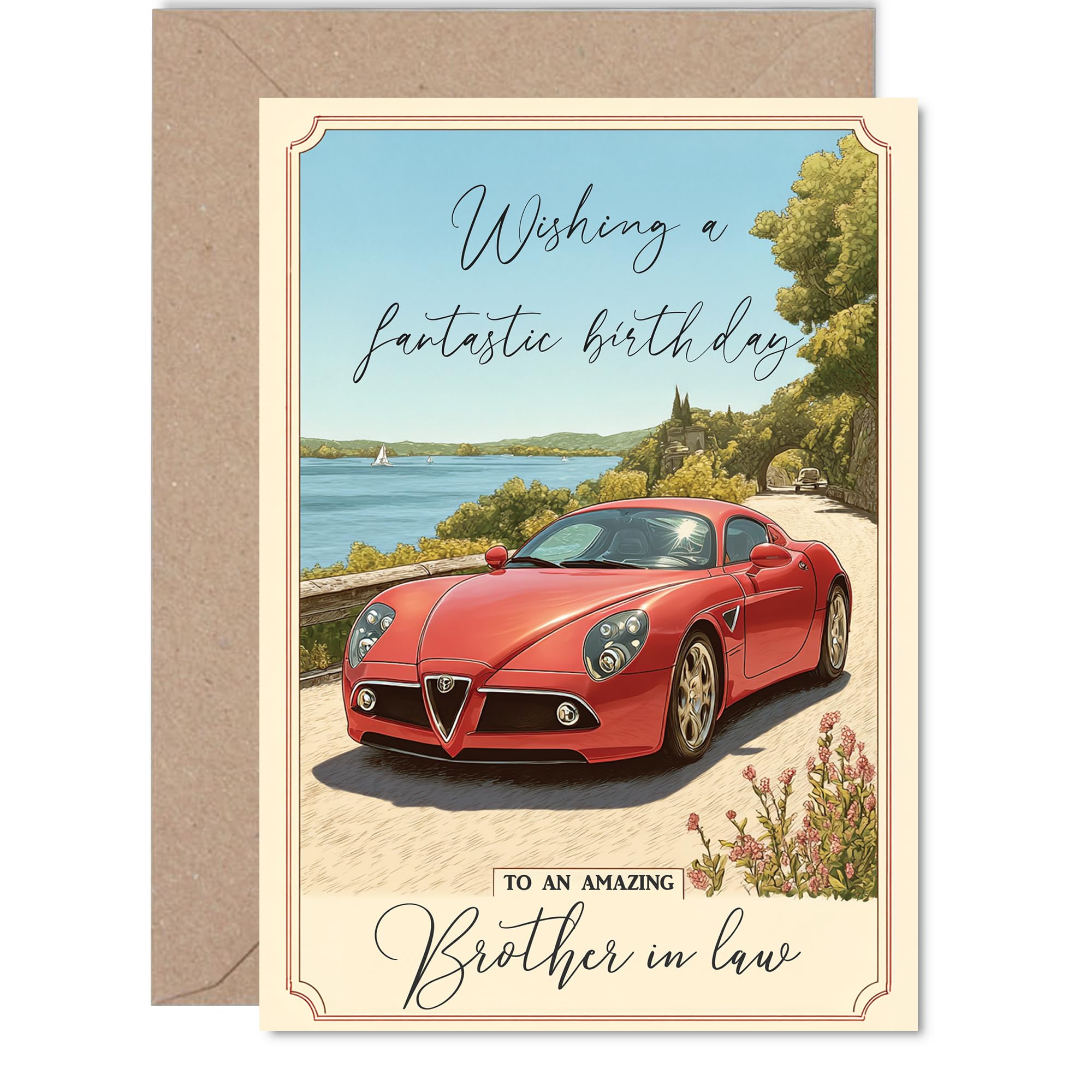 Brother in Law Birthday Card - Red Sports Car - Happy Birthday Card for Brother in Law from Sister Sibling, 5x7 Inch Countryside Landscape Bday Greeting Cards