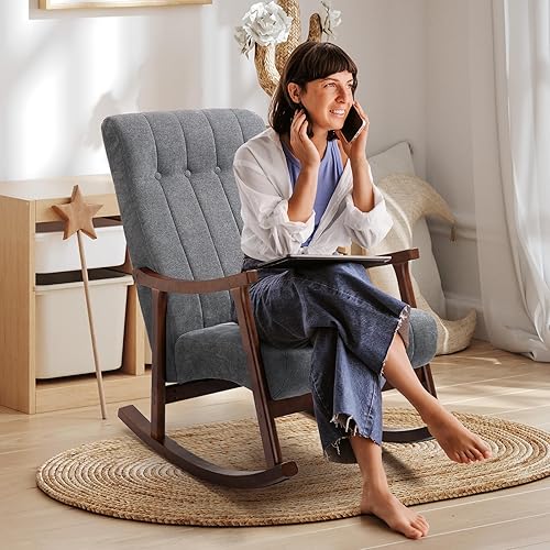 Miniatura 2 de AVAWING Mecedora tapizada con asiento acolchado de tela cómoda madera maciza para sala de estar sillón moderno con respaldo alto sofá individual