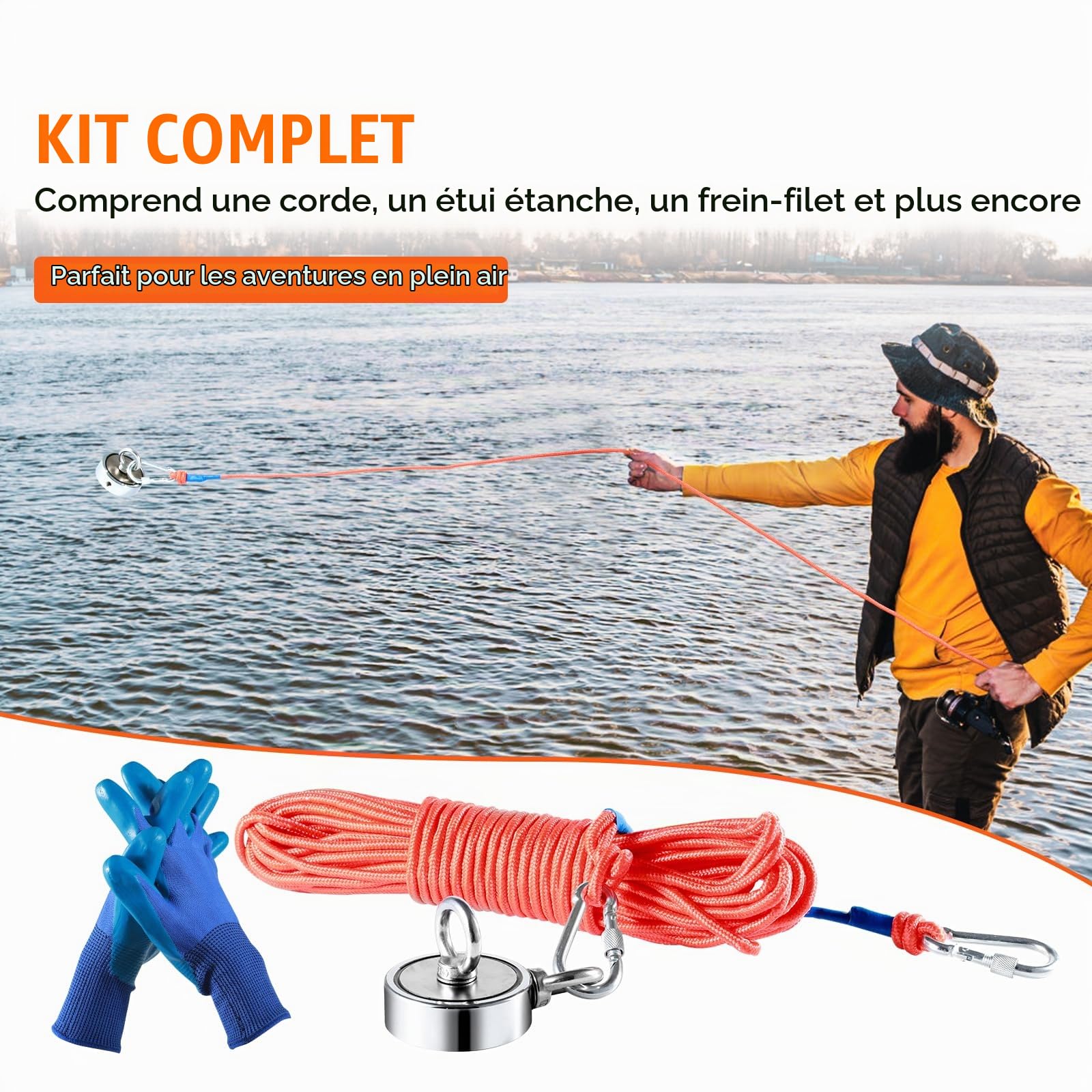 VEVOR Aimant de Pêche Double Face Super Puissants Capacité 272x2 kg Kit de Pêche à l’Aimant en Néodyme avec Corde Crochet Paire de Gants et Étui pour Pêche Magnétique et Chasse au Trésor sous l'Eau