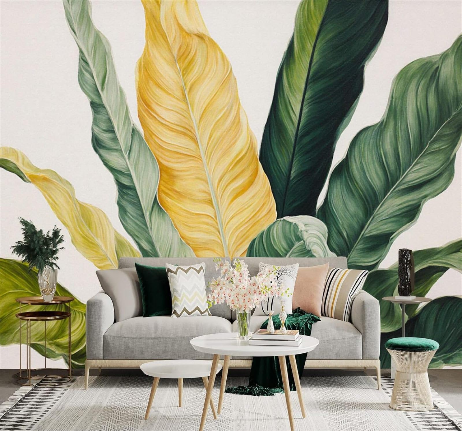 Tzxztt Tropical Green Leaves Yellow Leaves Plants Art Modern 3D Wallpaper Premium Textured Silk Neutral Tones Material Ideal for Living Room Bedroom-250cm×170cm