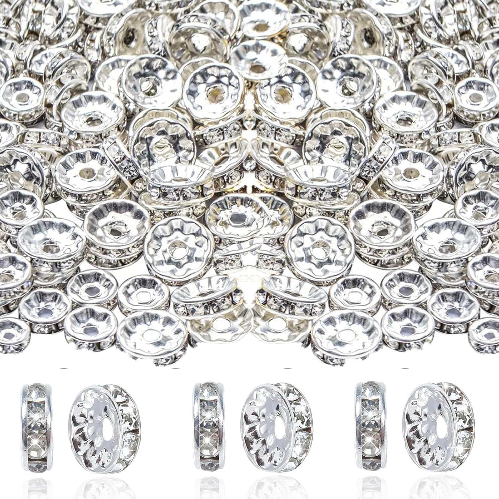 400Pcs 6mm Sparkling Crystal Spacer Beads, Crystal Rhinestone Spacer Beads Flat Round Loose Bead for Jewelry Bracelets Making Decorations (Silver)