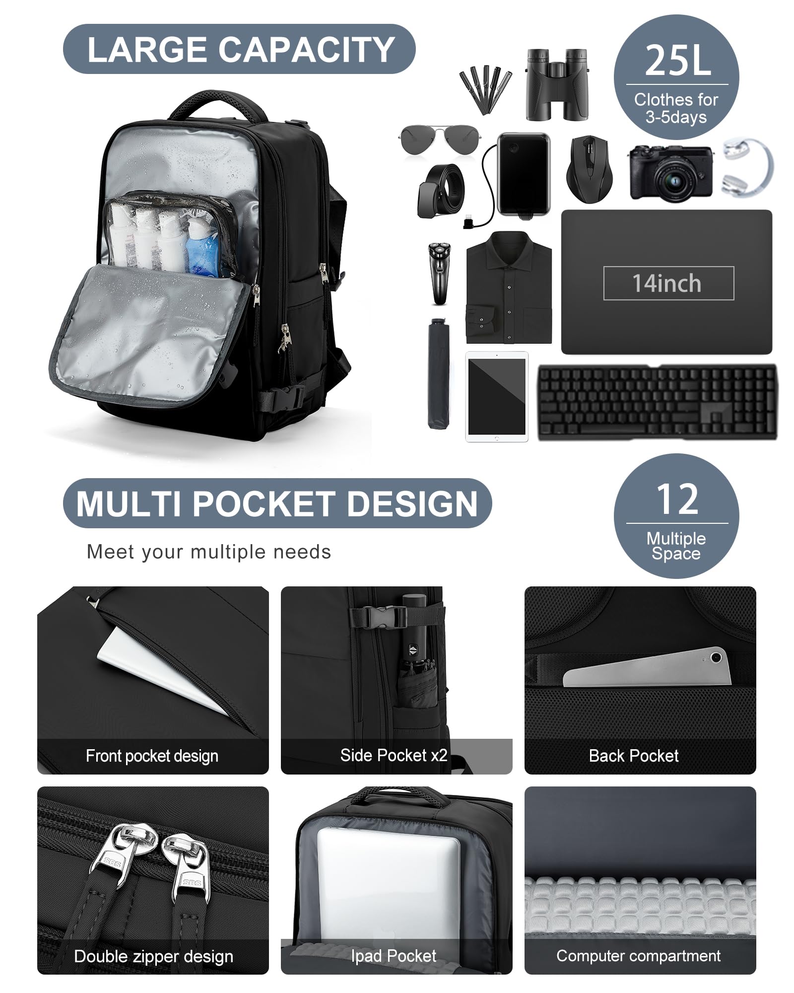 BJLFS Borse da Cabina per Ryanair 40x20x25 Zaino sottovuoto da viaggio Bagaglio a Mano con compressione sottovuoto,Zaino Easyjet 45x36x20,Zaini Casual per laptop da 14 pollici per scuola