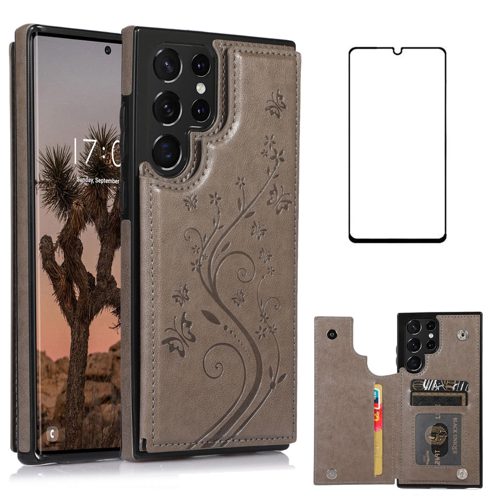 Asuwish Case for Samsung Galaxy S22 Ultra with Tempered Glass Screen Protector， Flip Wallet Cases Leather Stand with Card Holder，Double Magnetic Clasp