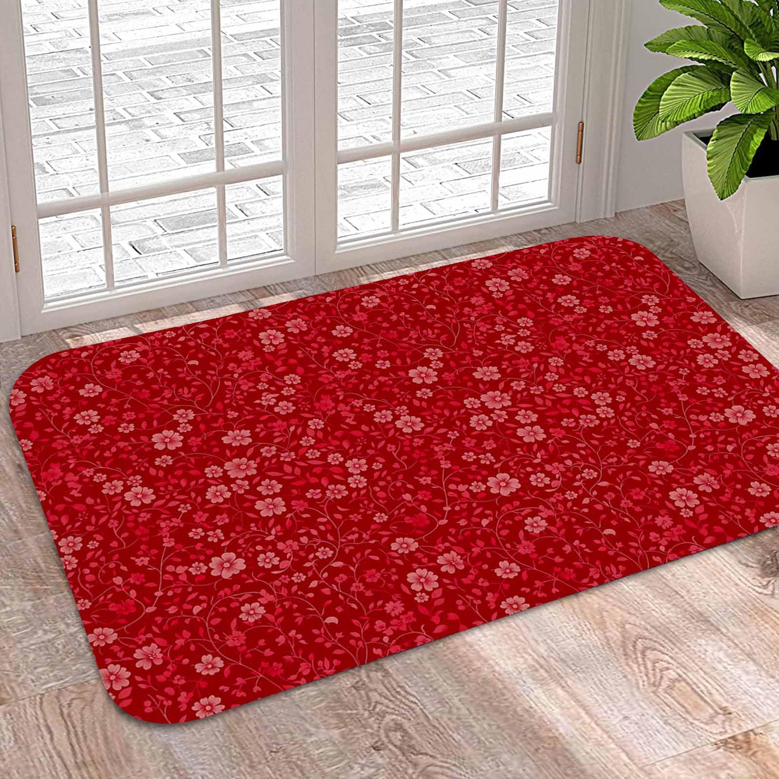 Welcome Doormat, Christmas Pink Flowers on Red Absorbent Non Slip Bath Rug, Winter Botanical Washable Carpet for Kitchen Bathroom Front Door Entryway