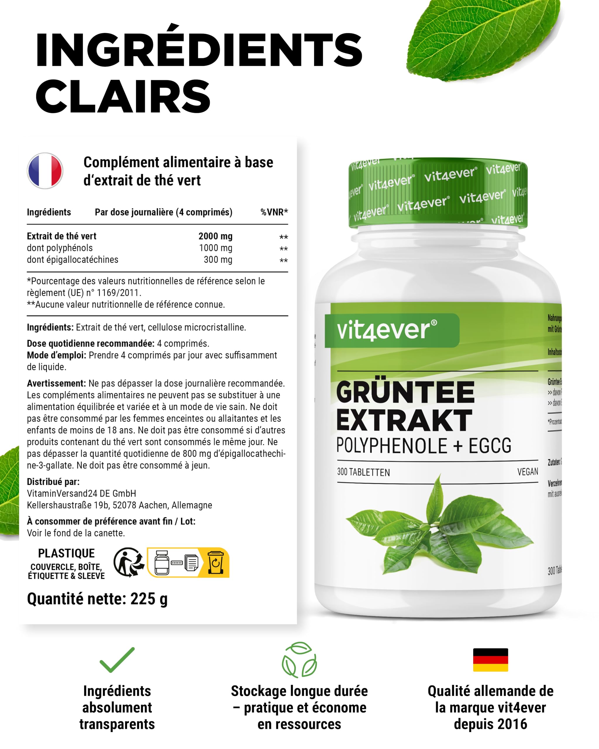 Extrait de Thé Vert 300 Comprimés - Hautement Dosé avec 2000 mg d’Extrait de Thé Vert, 300 mg d’EGCG et 1000 mg de Polyphénols par Dose journalière - Green Tea - Vegan - Sans additifs inutiles