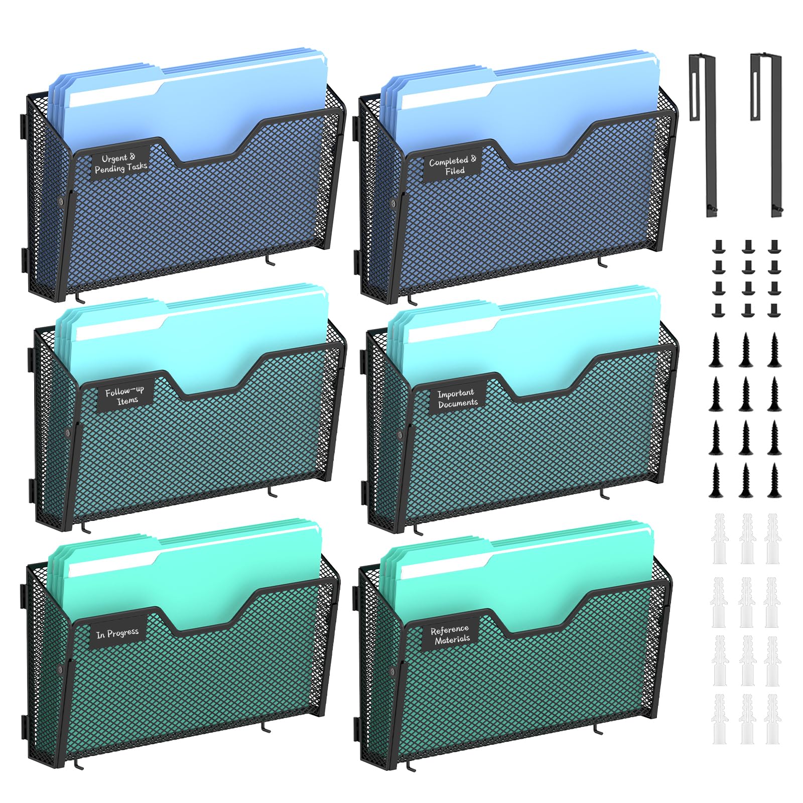 RITOLLO 6 Pack Metal Wall File Organizer, Hanging Mail Holder, Space Saving Over Door & Wall Mounted Storage for Office, Home School