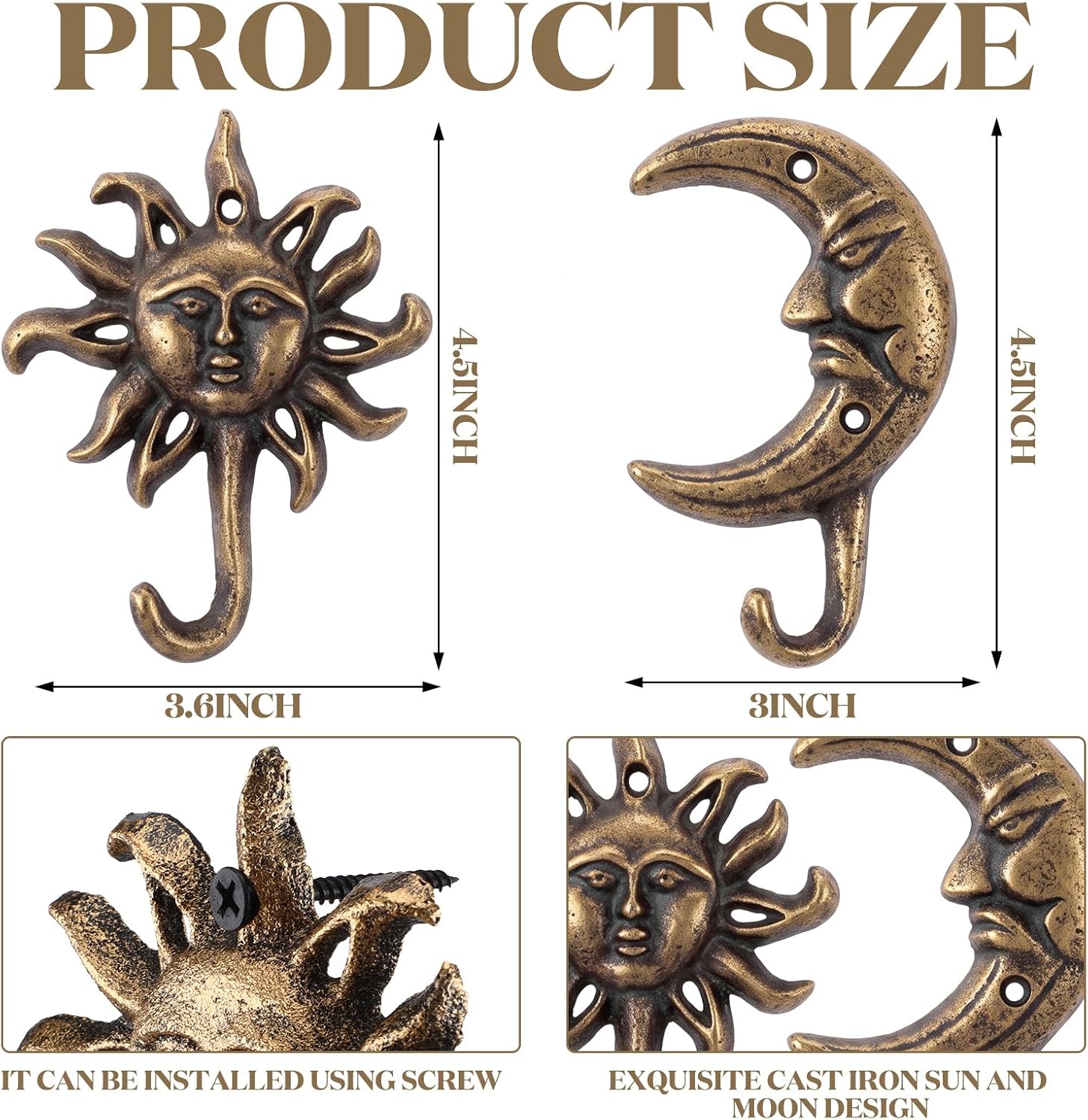 Frienda Cast Iron Hook, 4 Pcs Heavy Duty Vintage Cast Iron Hook Sun Moon Decorative Wall Hooks with Screws Hanging, Antique Decorative Wall Hooks Hanger for Coat, Scarf, Bag, Towel, Cap (Vintage Gold)