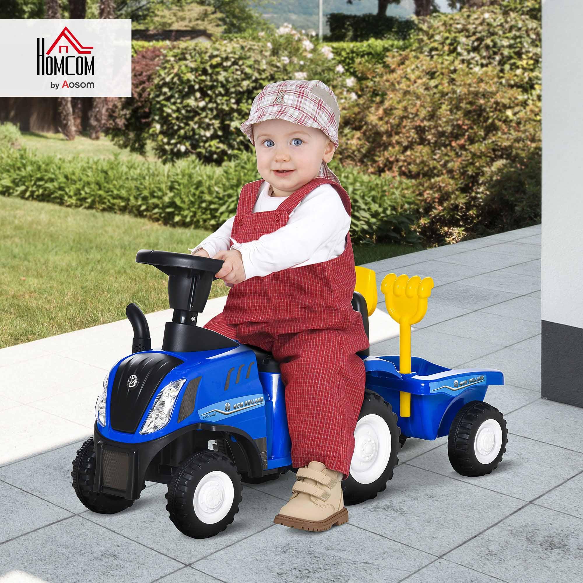 HOMCOM dzieci jeździk NEW HOLLAND pchacz auto dziecięce pojazd dziecięcy klasyczny samochód chodzik z klaksonem tworzywo sztuczne metal niebieski 91 x 29 x 44 cm