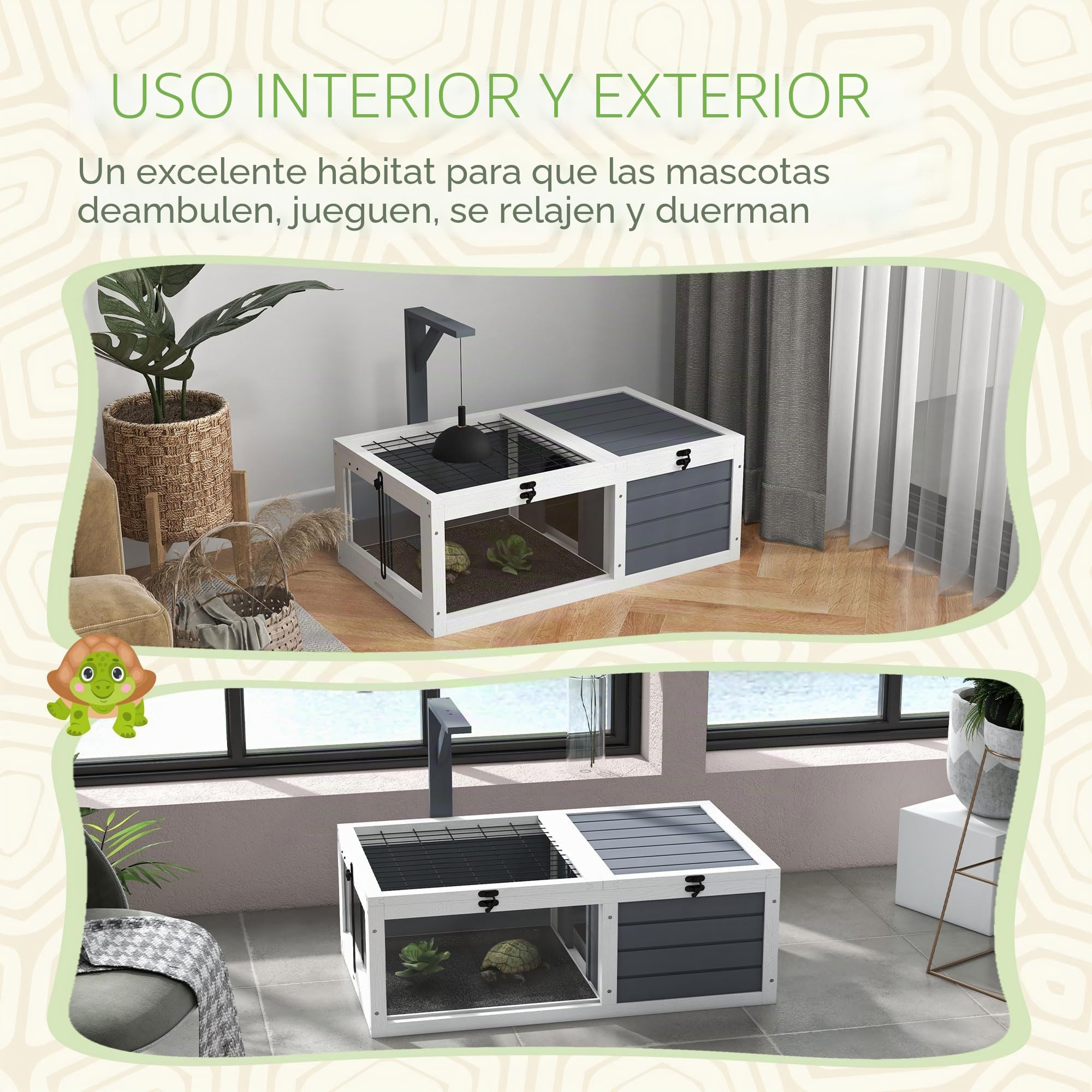 PawHut Casa para Tortugas Recinto con Soporte de lámpara de Madera Gris