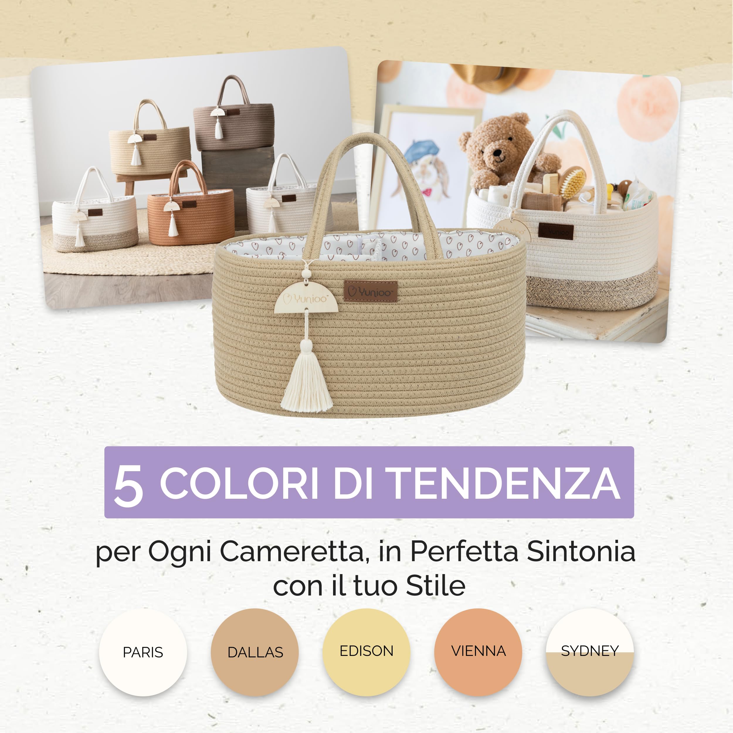 Yunioo Cestino Porta Pannolini, Organizer Fasciatoio per Neonati, Cesto Prodotti Neonato con Maniglie Robuste, Scomparti Staccabili, Regalo Nascita Bimba o Bimbo